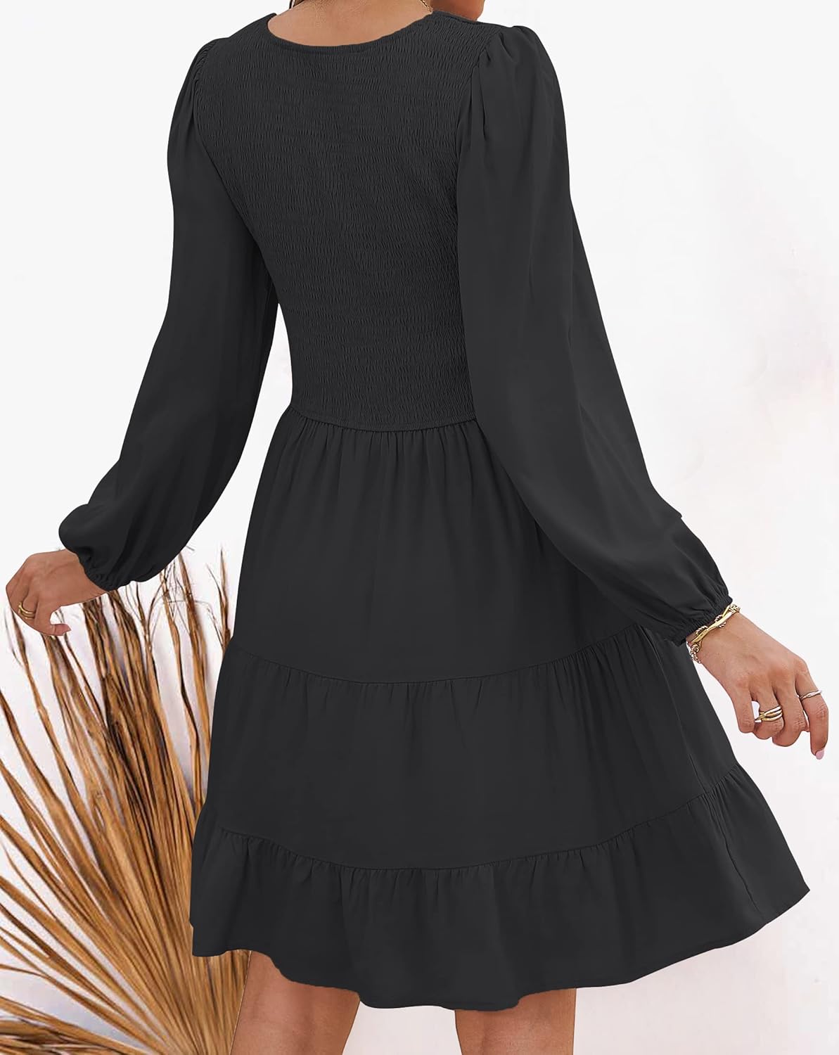 ZESICA Women's Casual V Neck Long Sleeve Smocked High Waist Ruffle A Line Tiered Mini Dress - Image 3