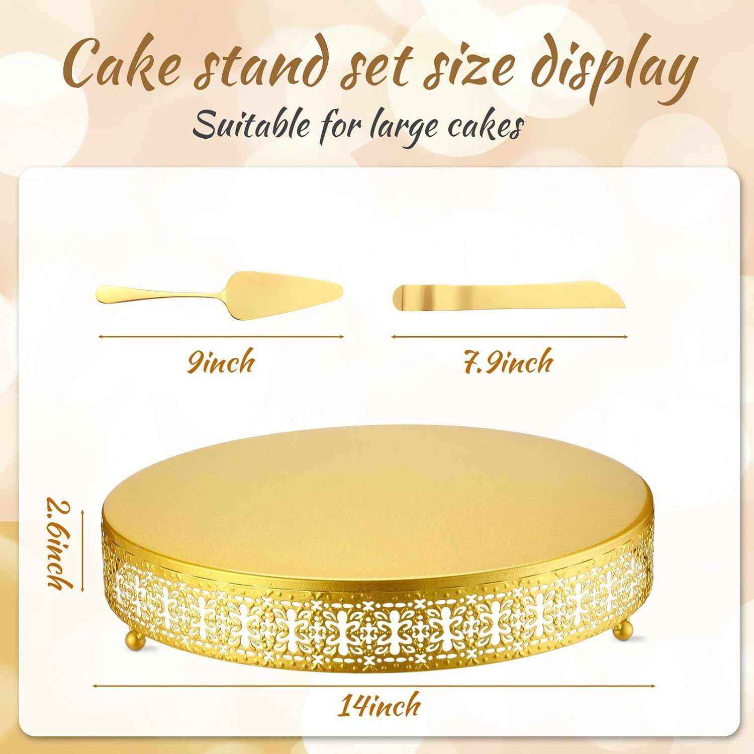 wenqik gold cake stand 14 inch metal round cupcake dessert stand with cake cutting, spatula xmas cupcake pastry display candy holder display for wedding birthday party gold 14 inch