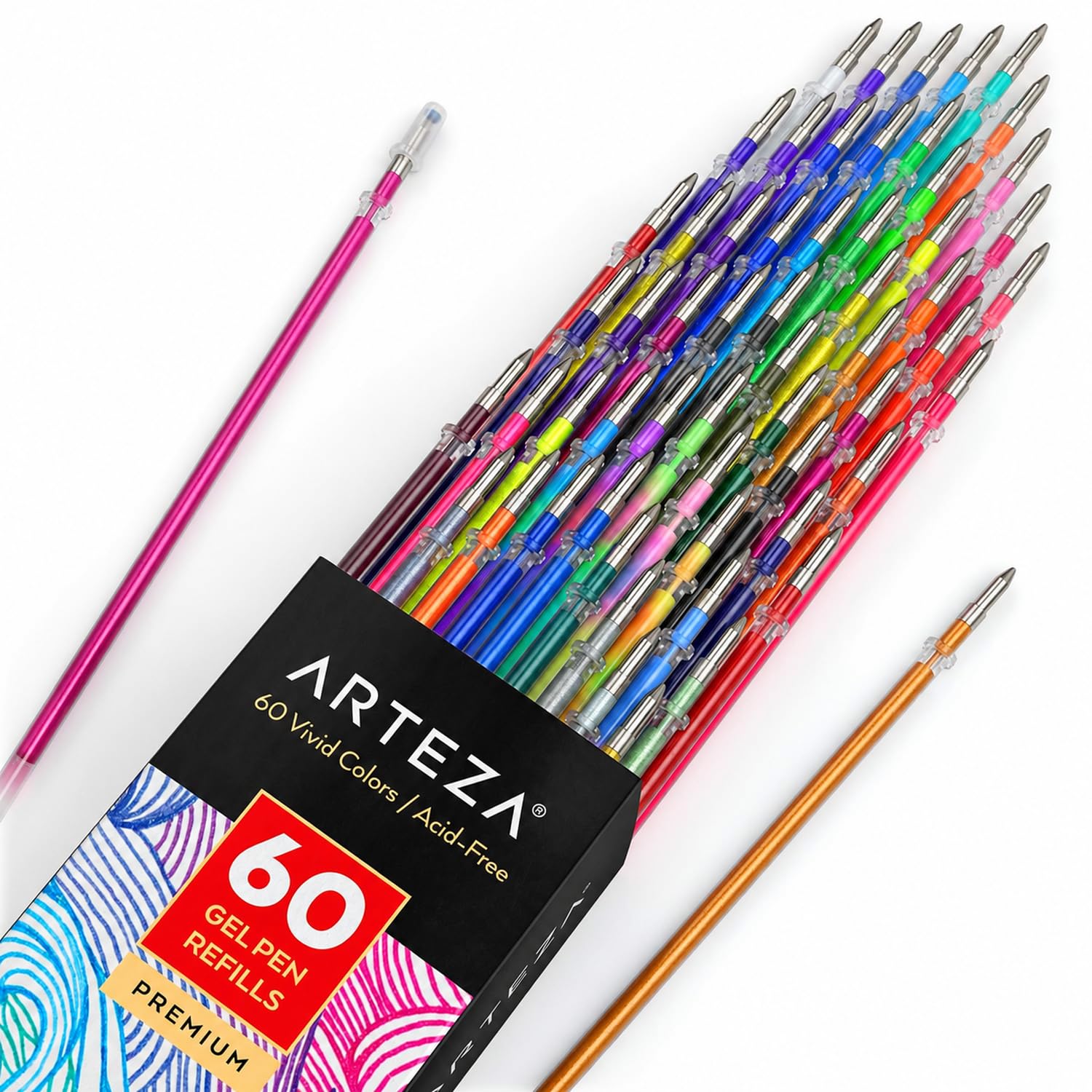 ARTEZA Gel Pens Ink Refills 60-Individual-Color-Bundle Acid-Free (0.8-1.0 mm Tips, Set of 60)