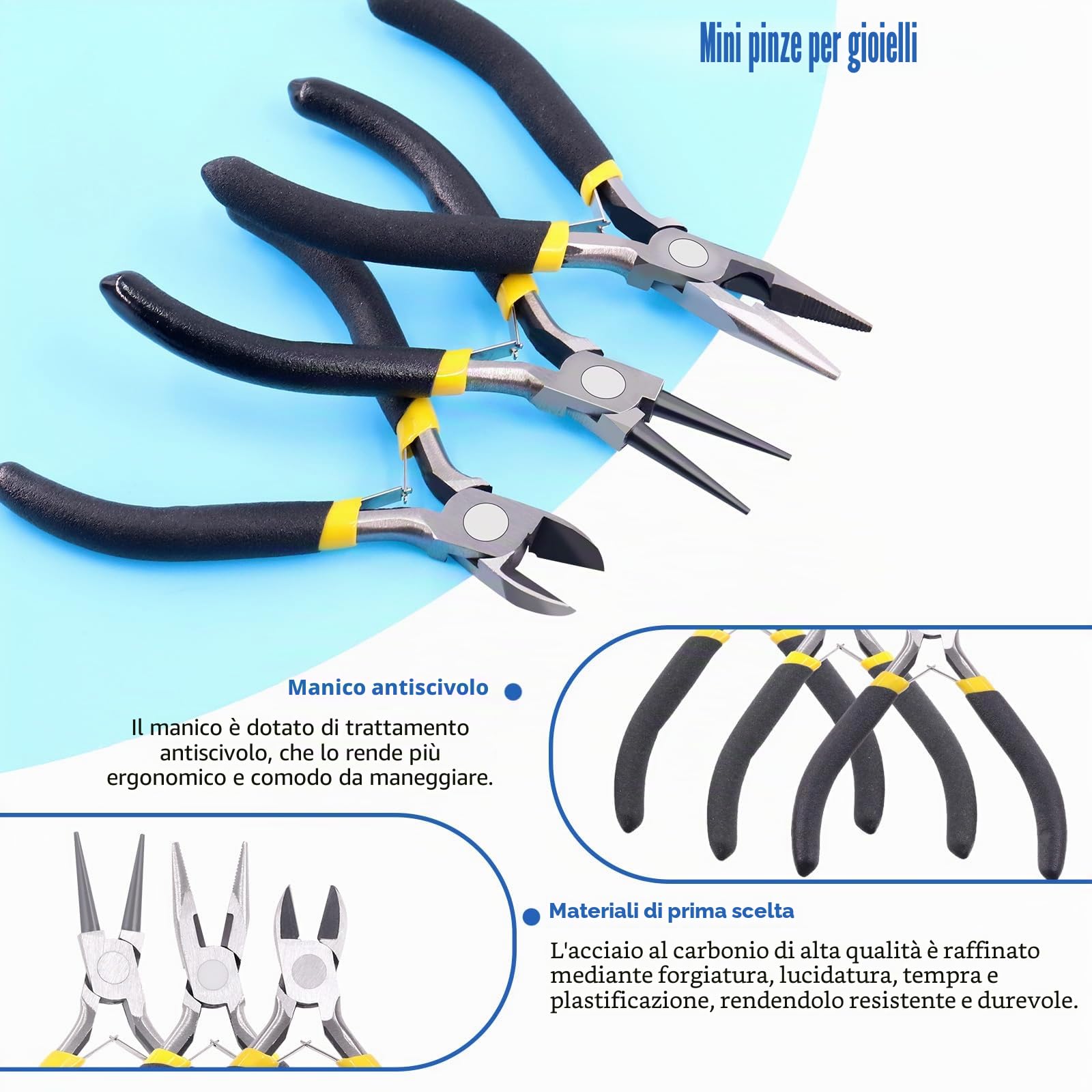 Glarks Kit di 6 pinze per gioielli, kit di strumenti professionali per la creazione di gioielli con pinze ad ago, pinze a becco rotondo, pinze a becchi piegati, tronchesi, pinze a crimpare e pinze
