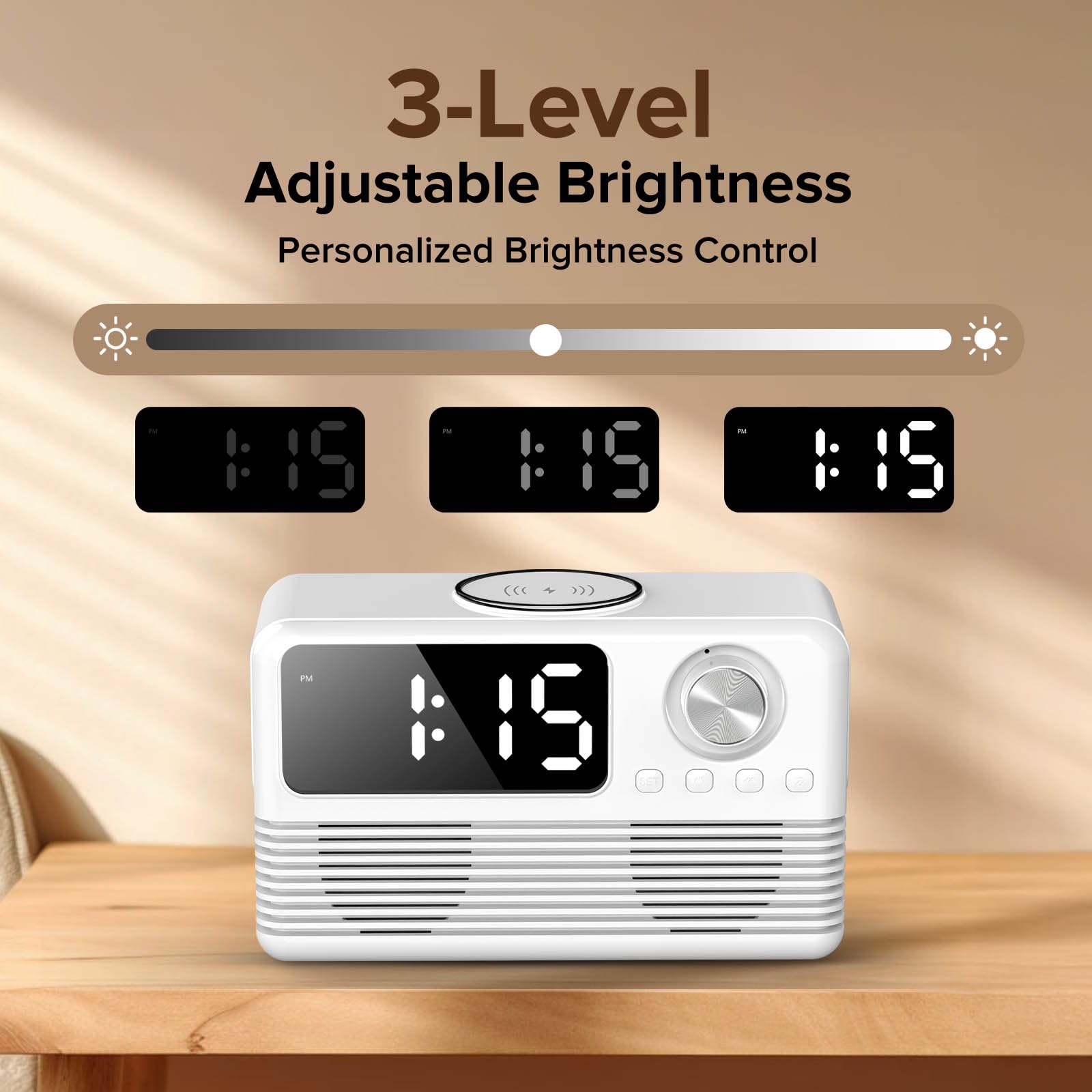 Chargeur sans fil rapide 15 W avec haut-parleur Bluetooth et radio-réveil, station de charge sans fil 4 en 1 pour iPhone, téléphones Android avec radio FM pour chambre à coucher