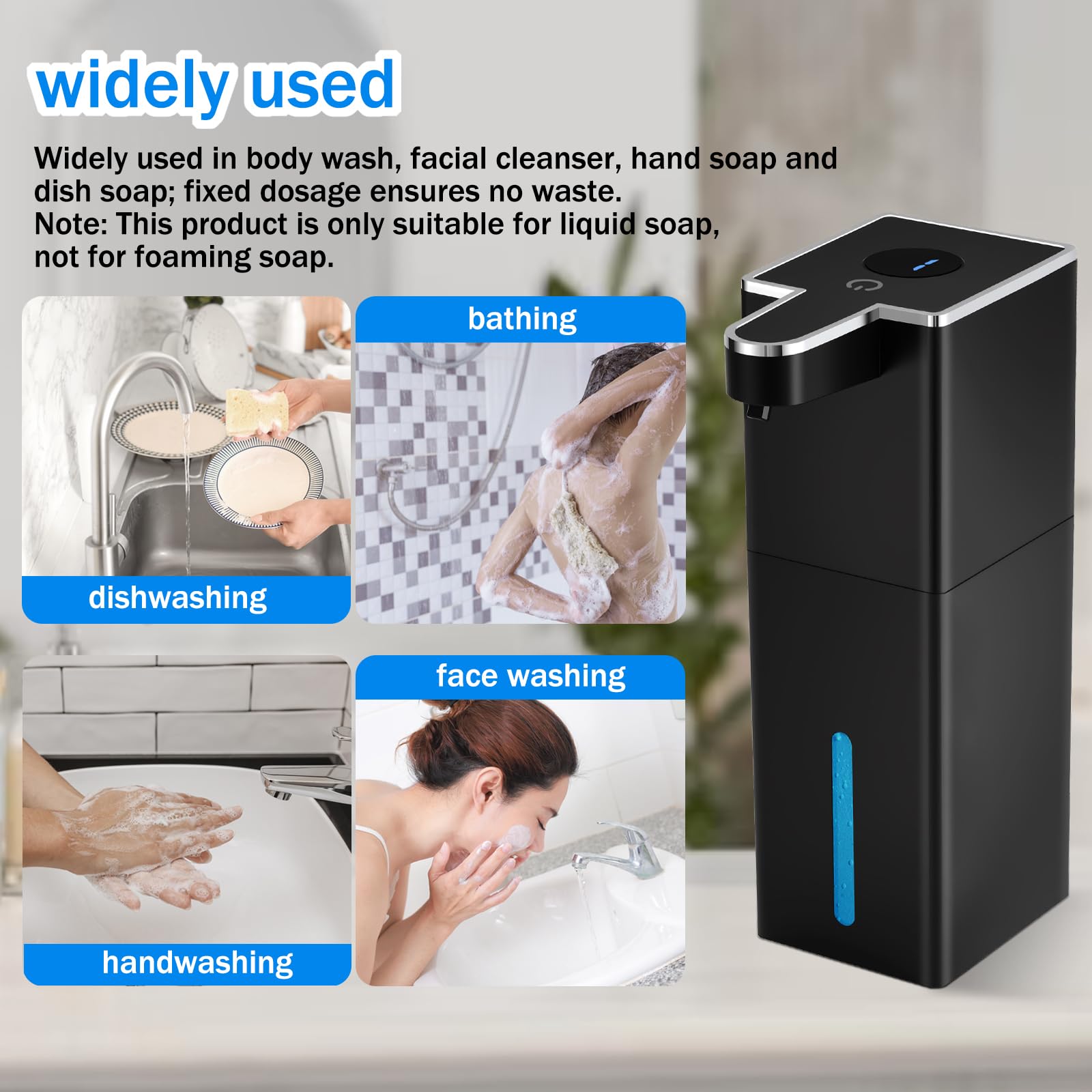 2 Pack Automatic Liquid Soap Dispenser, 440ml Wall Mount Touchless 4 Gear Adjustable Hand soap Dispenser, USB Rechargeable 1800 mAh with Infrared Motion Sensor for Kitchen and Bathroom (White+Black) - 5