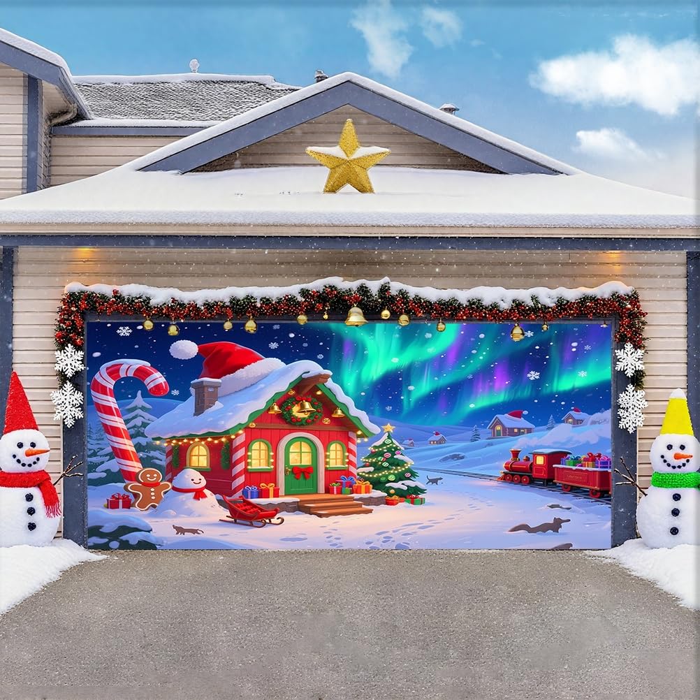 Zfflyh Aurora House Christmas Garage Door Cover Large Garage Door Banner Christmas Decoration Backdrop For Holiday Party Indoor Outdoor House Decoration,,16X7ft
