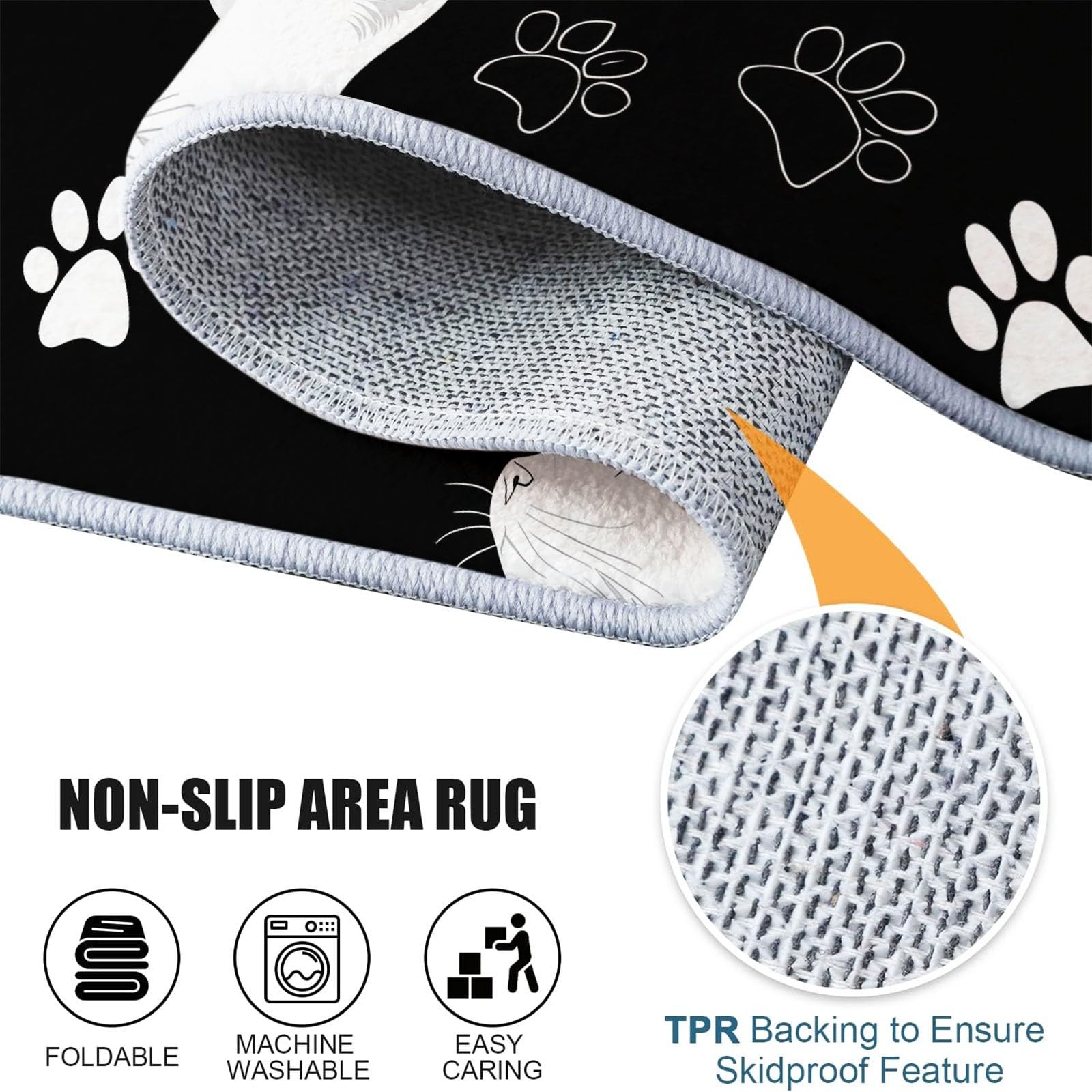 Schwarzweiß Runder Teppiche Wohnzimmer 100 cm, Waschbar & Rutschfester Kurzflor Teppich Schlafzimme, Minimalistisch Pfotenabdruck Niedlich Tiere Katze Teppich Rund für Kinderzimmer, Esszimmer, Büro