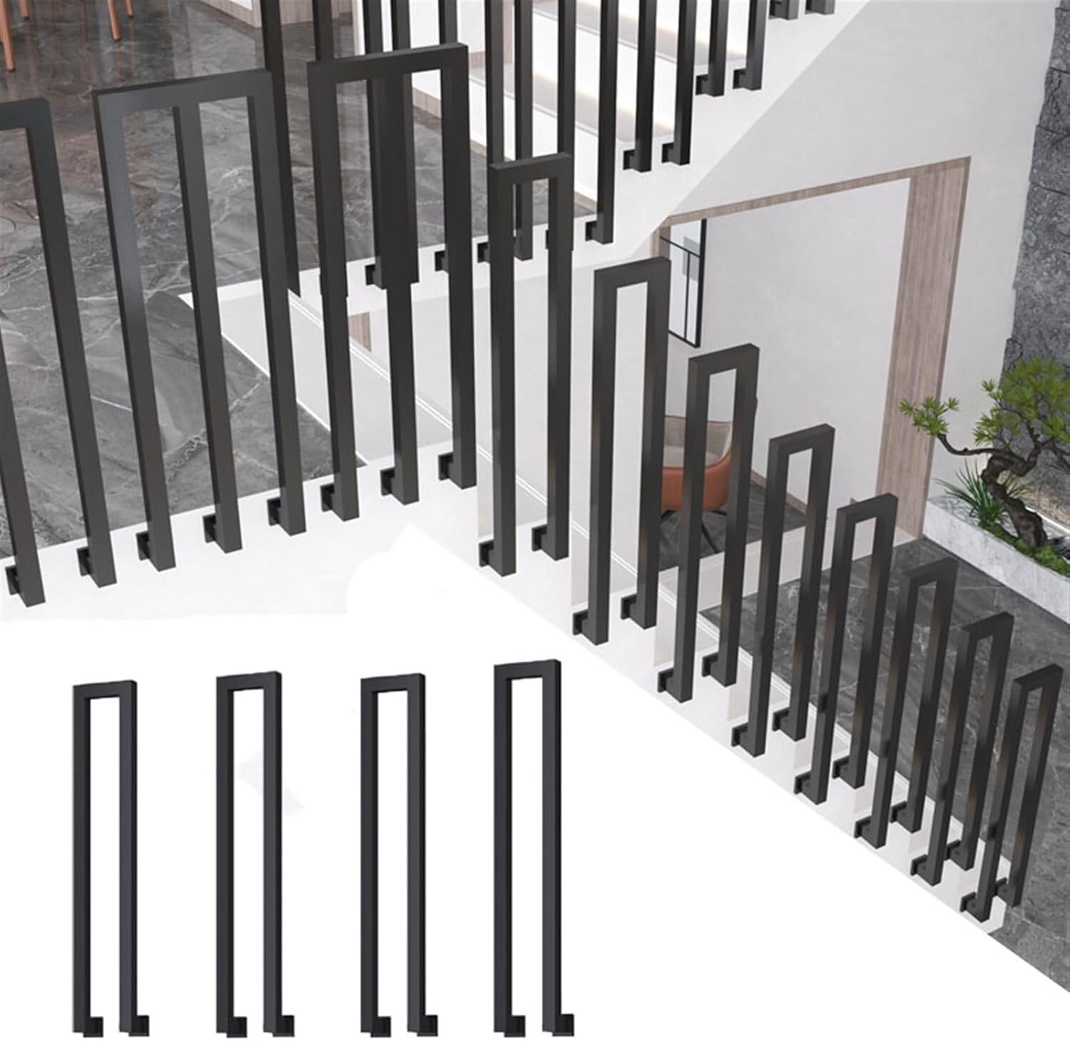 WaiDXn Black Square Wrought Iron Railings, Suitable For Garden Houses, Terraces, Balconies, Indoor/outdoor Stair Handrails(U-shaped 4 Pieces,85cm)