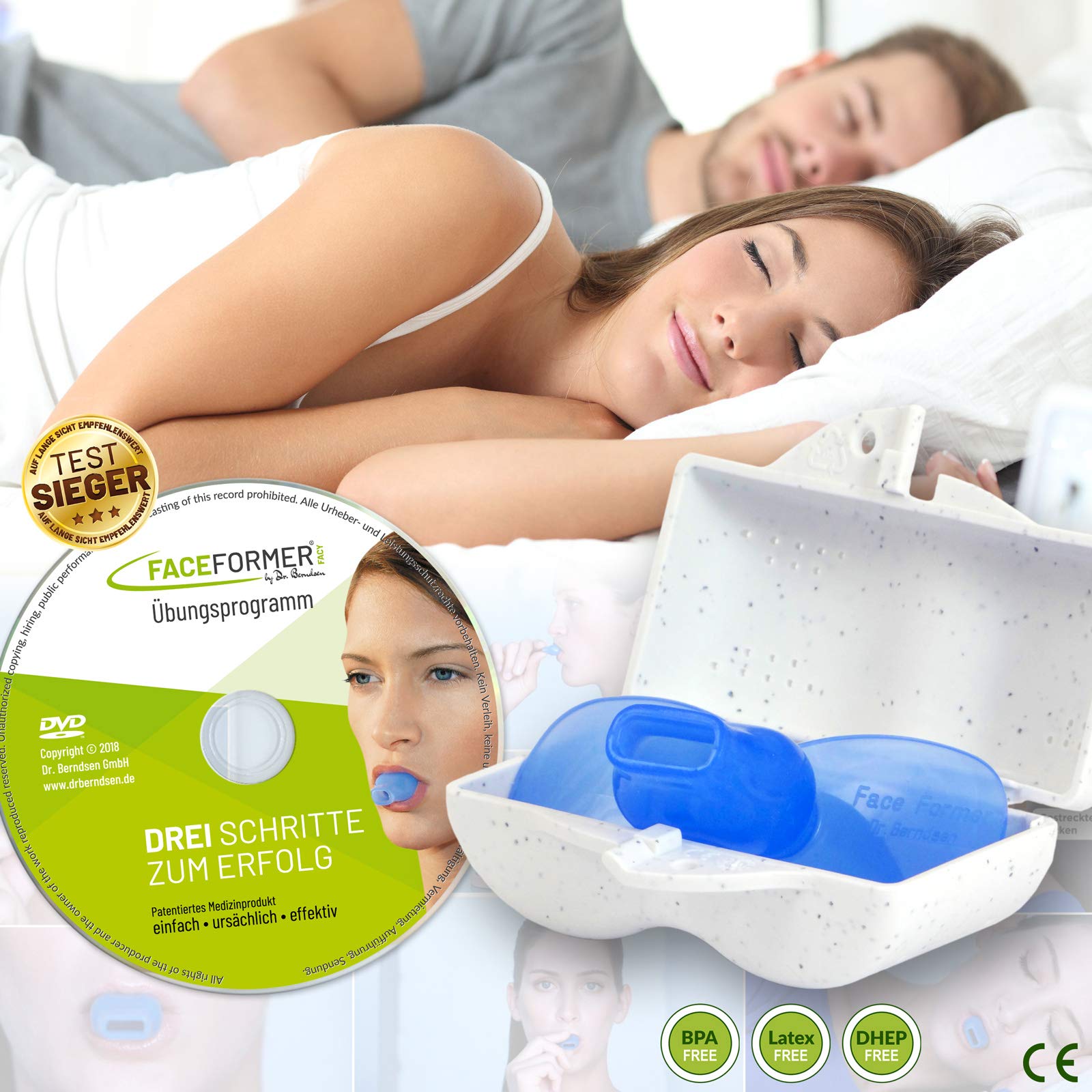 Dr. Berndsen FaceFormer • Eficaz para roncar, apnea del sueño, trastornos del sueño, CMD, rechinar de dientes, dolor de cara, mandíbula y cuello y mucho más • con programa de ejercicios en DVD