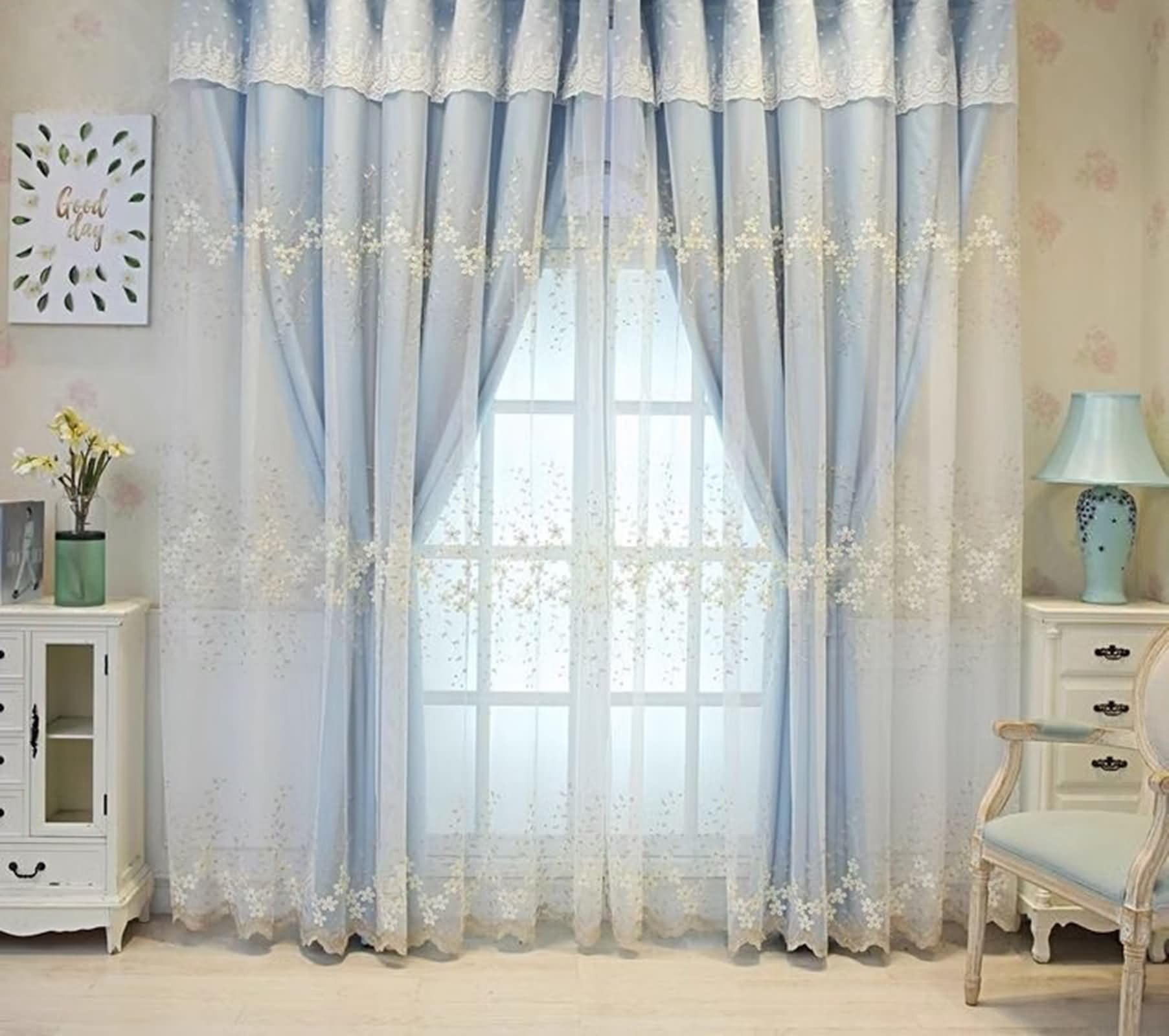 Rideau Salon Polyester Coton de Qualité : Voile Dentelle Brodé et Occultant Bleu