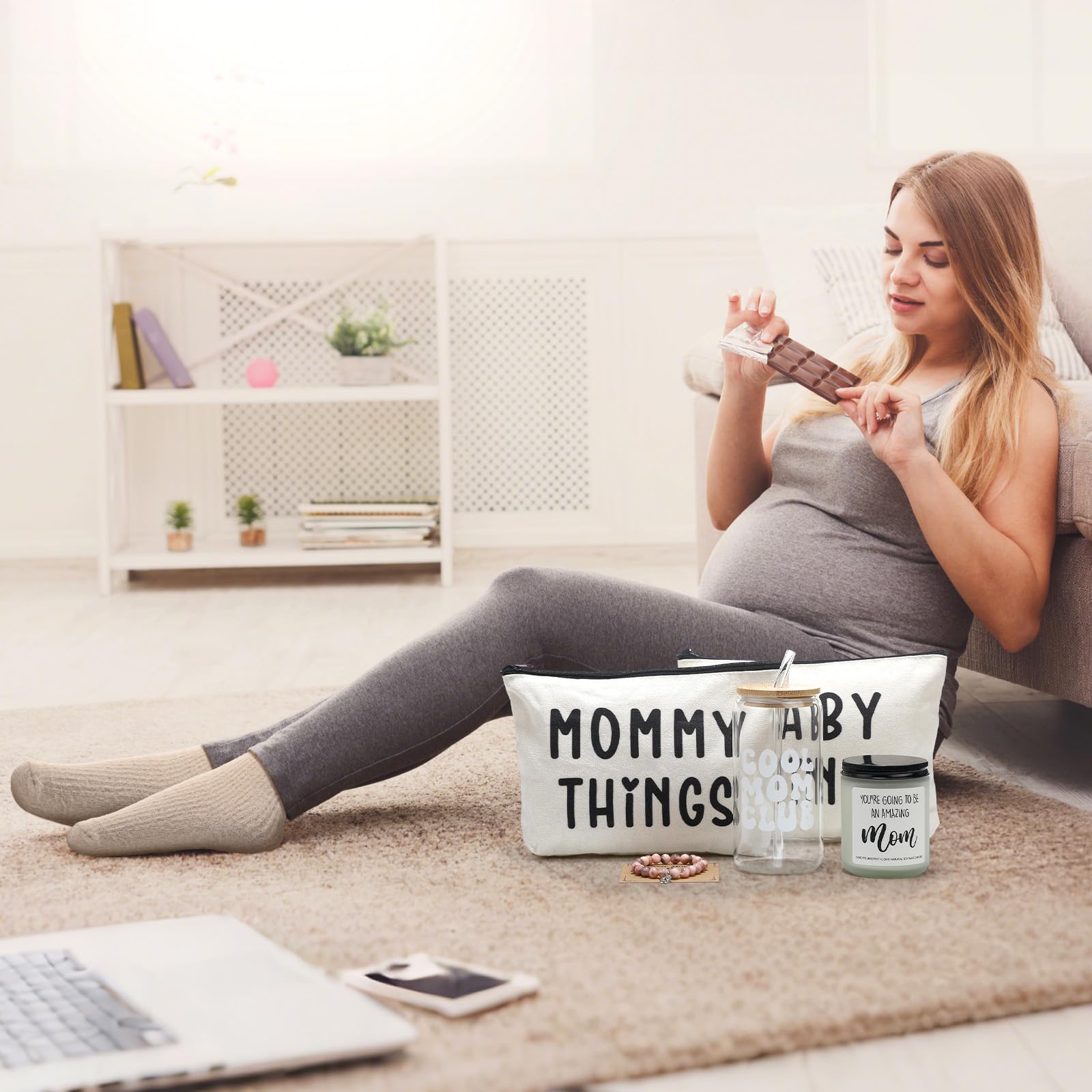 Maxdot Paquete de 8 piezas para el cuidado de la nueva mamá después del nacimiento, cesta de regalo para mujeres embarazadas, kit de regalo posparto con taza de vidrio para baby shower, esperando que
