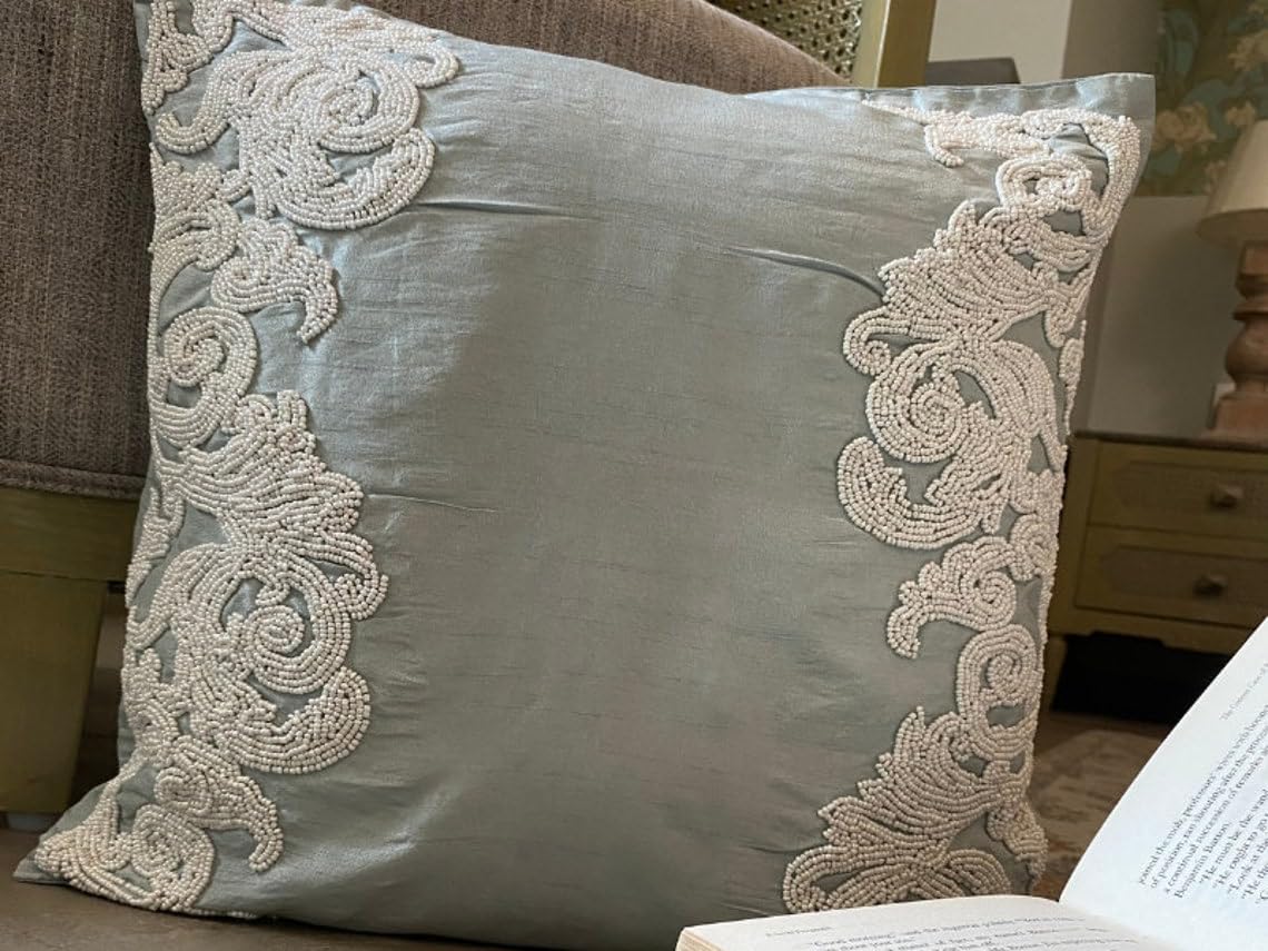 HomeCentric Light Blue Euro Size Pillow Shams Pack of 2 - 26x26 inch (65x65 cm) Silk Euro Shams with French Toile Floral Border Beaded Victorian European Sham Covers - White Waters