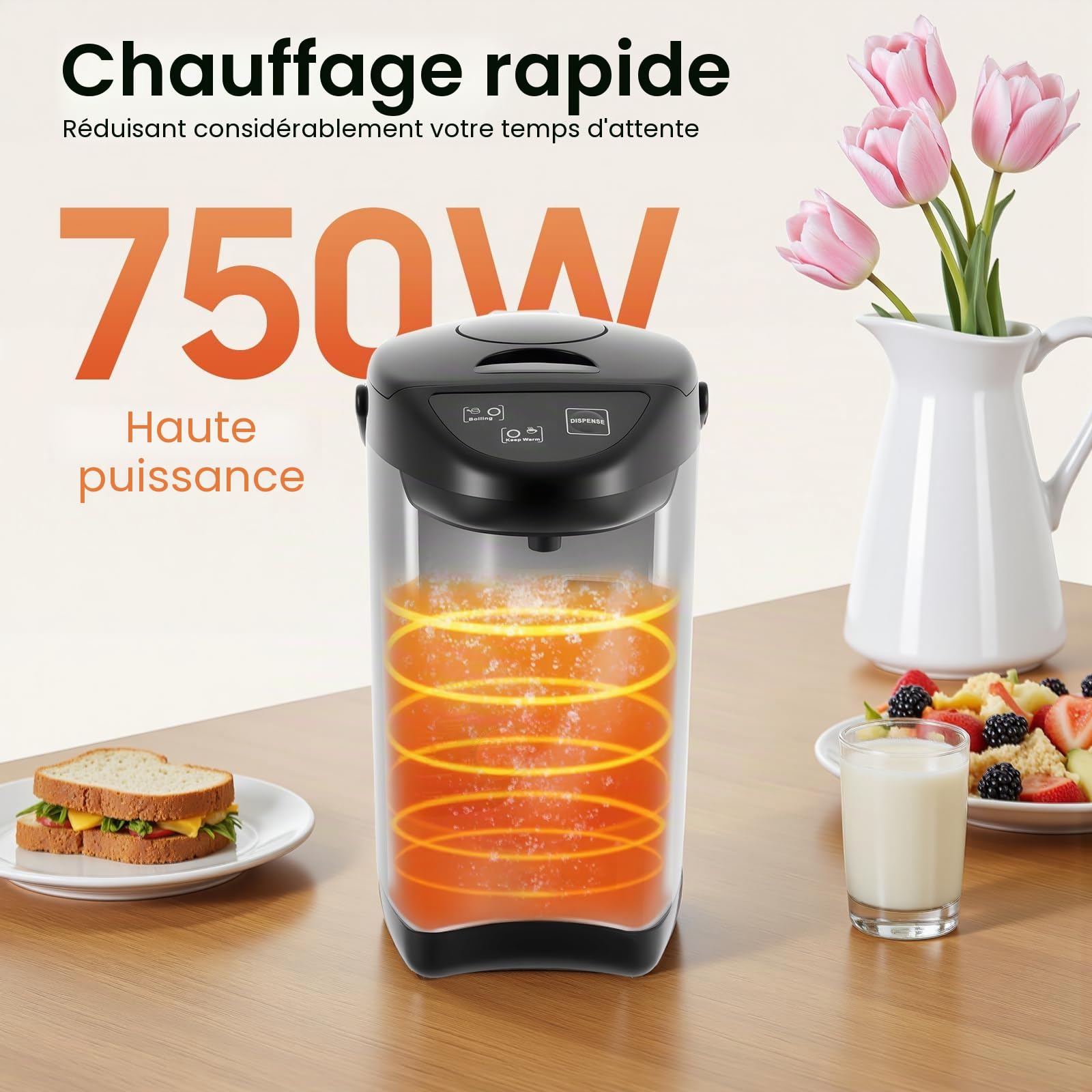 Distributeur d'eau chaude 4 L Bouilloire Bouilloire Thermopot Distributeur électrique d'eau chaude thermos 750 W (Noir)