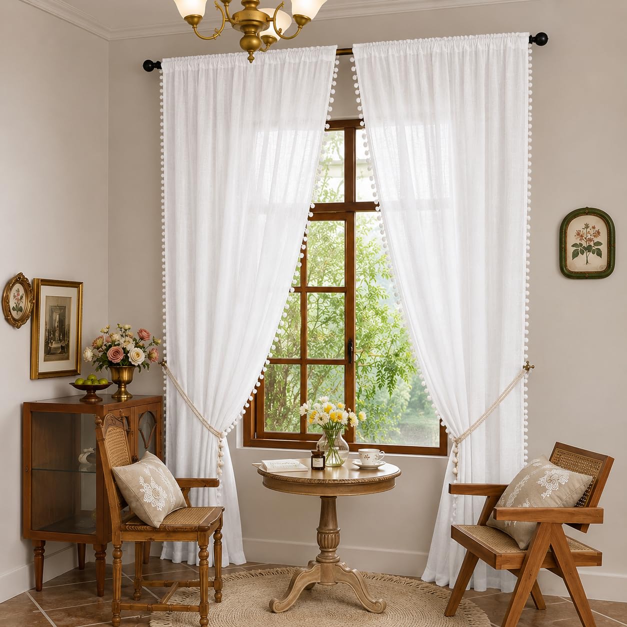 THE LINEN COMPANY Net Curtains Cotton Curtains with Pom Pom Lace Rod Pocket Sheer Curtains Light Filtering Curtains for Window Curtains Door Curtains White 6.5 Ft Pack of 2