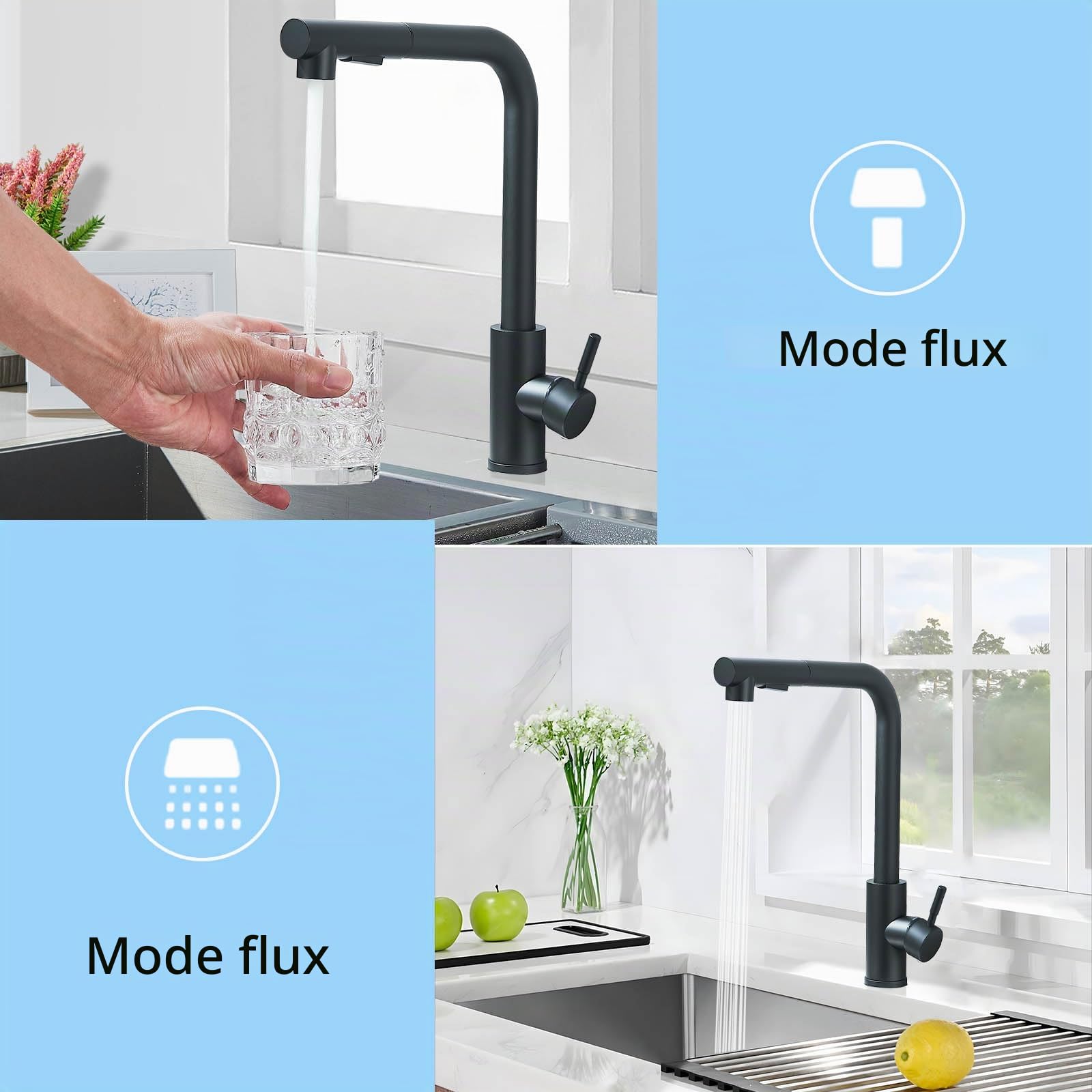 Robinet Cuisine Noir 2 Modes de Réglage avec Douche Extractible | JUNSHENG Robinet Cuisine Noir 2 Modes de Réglage avec Douche Extractible Mitigeur de Cuisine Pivotant à 360 Degrés