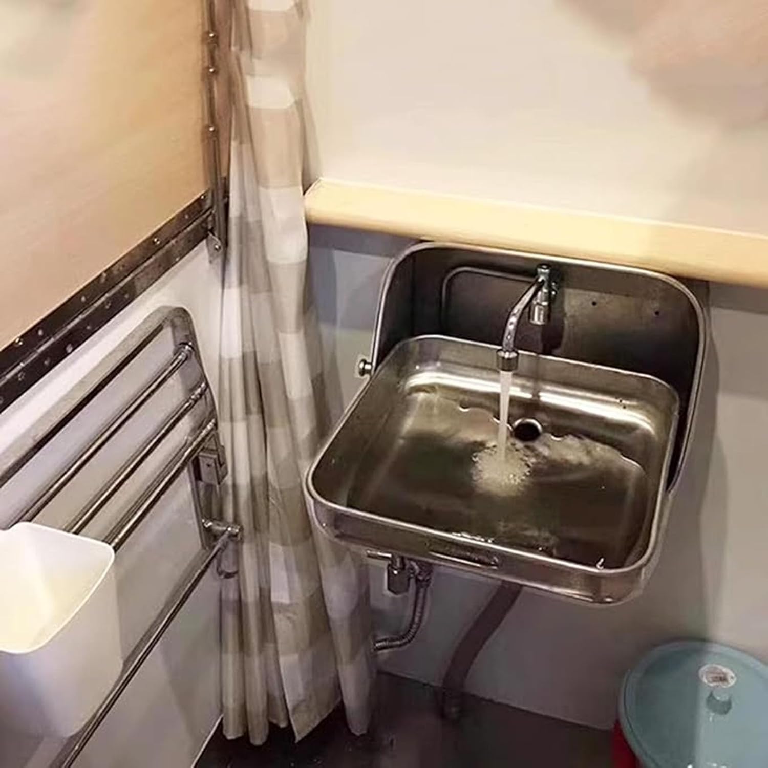 RV Wall-Mounted Sink,Rv Sink, Stainless Steel Folding Sink with Cold Water Faucet, Wall Mount Hand Wash Basin Bar Rv Sink, Small Outdoor Rv Kitchen Sink,A