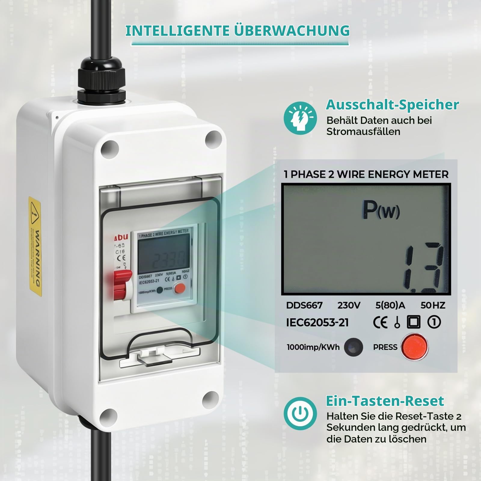 Mobiler Digitaler Stromzähler 80A 230V, Outdoor Mobiles Messgerät mit IP65 Wasserdichtung 16A LS-Schalter Speicher und Reset Funktion, Tragbar Stromzähler für Wohnmobile und Elektrofahrzeuge
