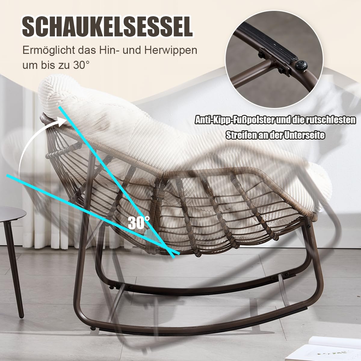 Schaukelstuhl Schaukelsessel mit Rattan, Loungesessel drinnen & draußen, Ei-Schaukelstuhl für Wohnzimmer Balkon Garten Outdoor und Indoor Cord Weiß
