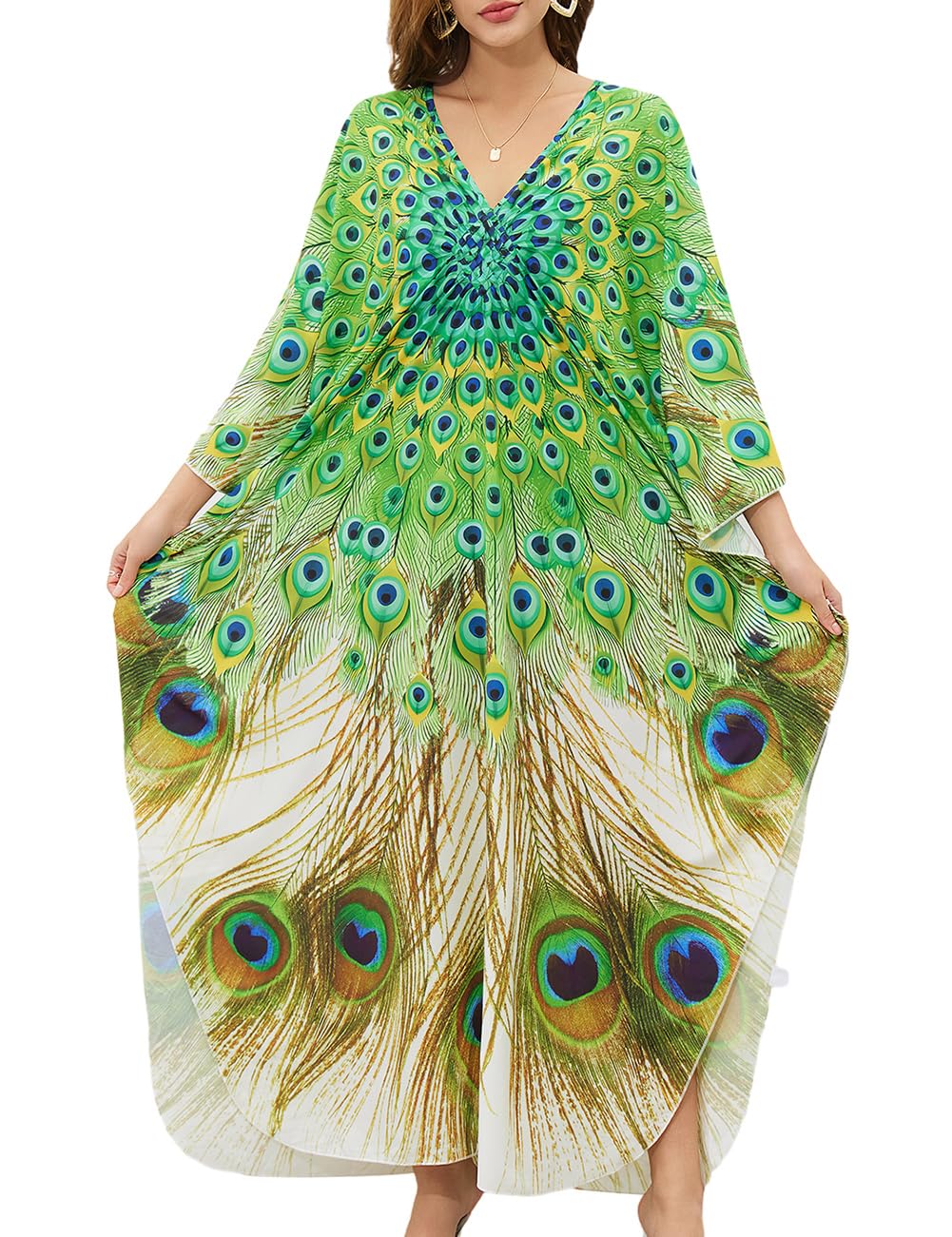 Bsubseach Mujer Traje de baño Cubrir Estampado étnico Kaftan Beach Maxi Vestidos