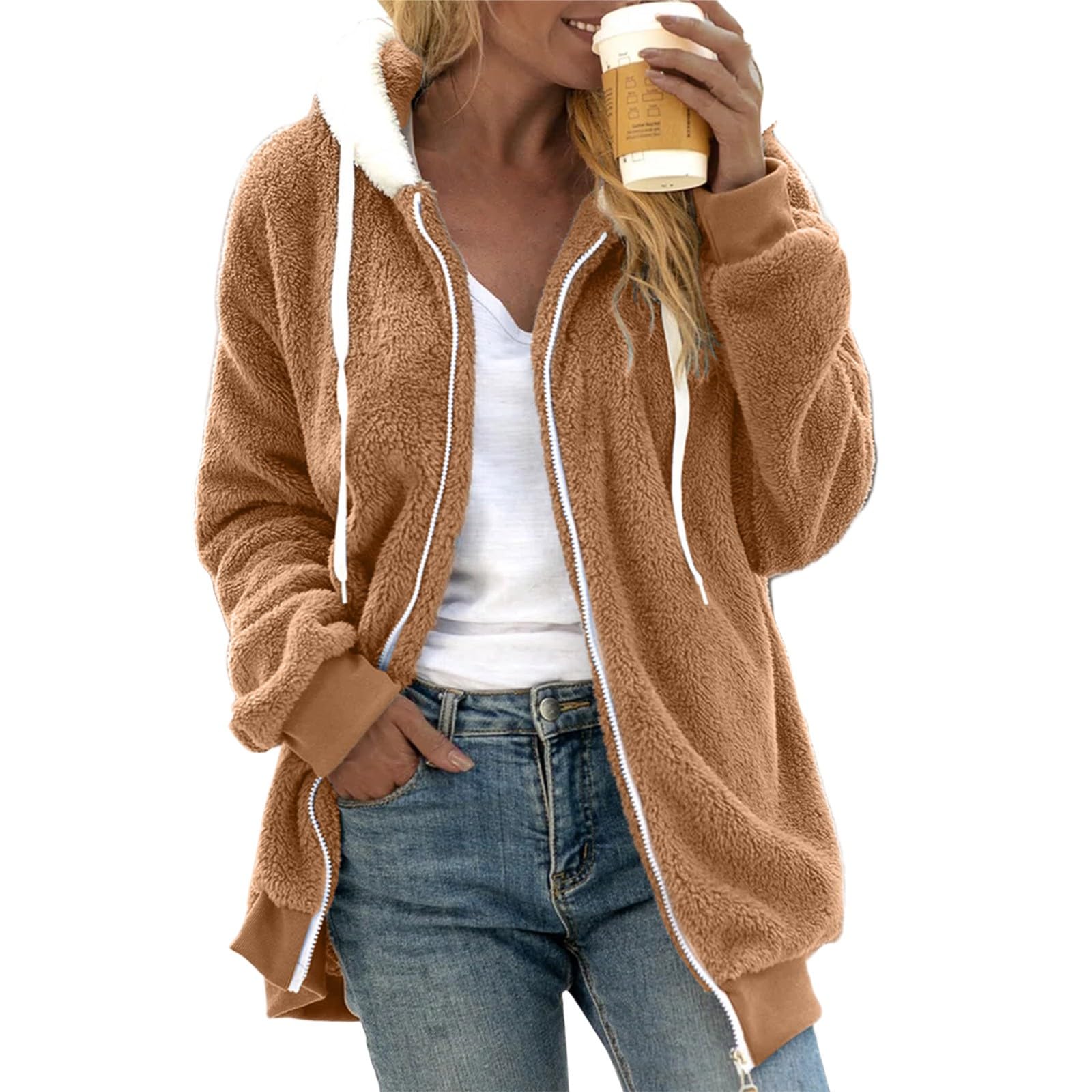 GenericWomen's Solid Color Sweatershirt Hooded Pullover Warm Wool Plush Coat Zipper Top Day Jacket Winter Coats For Women UK