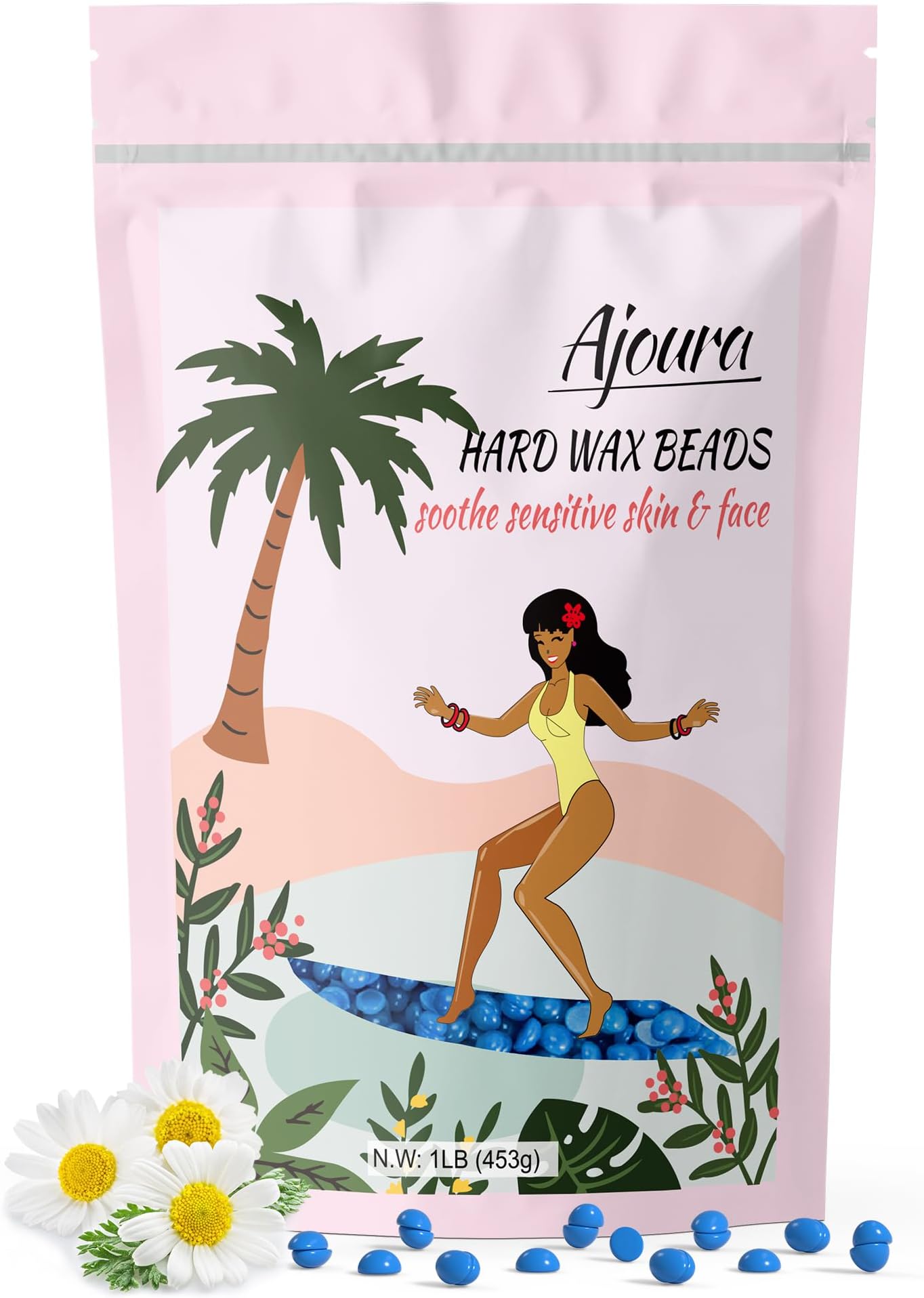 Ajoura 1lb Hard Wax Beads for Hair Removal, Chamomile Wax Beans for Full Body, Brazilian, Bikini Waxing, Face, Eyebrows, Underarms, Arms, Chest, Back, Legs, Home Refill wax for Wax Warmer Kit (Blue)