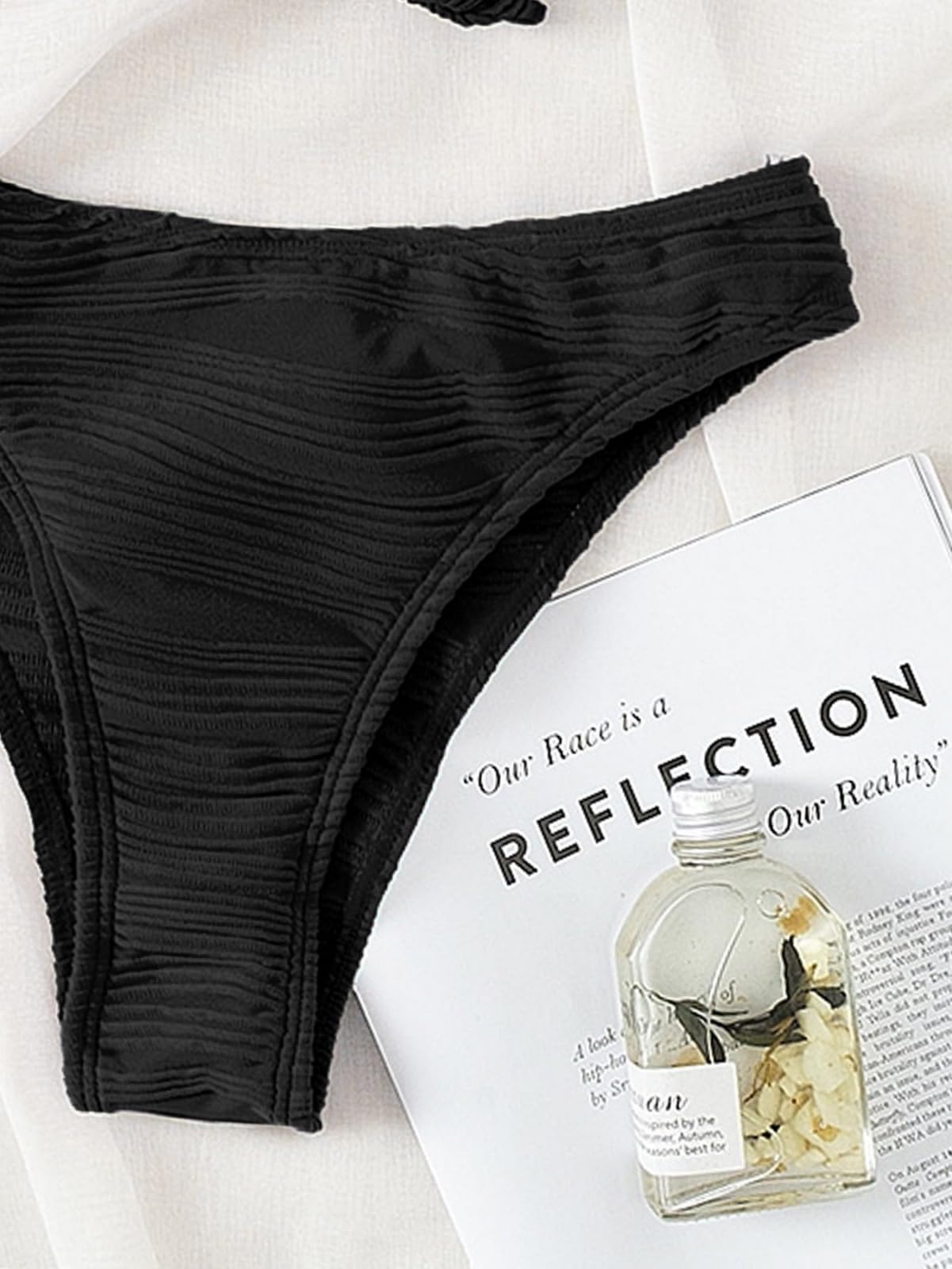 Bikini Damen Frauen Texturierte Knoten Vorne Set Hohen Schnitt Zwei Stück Bademode-Black-XL