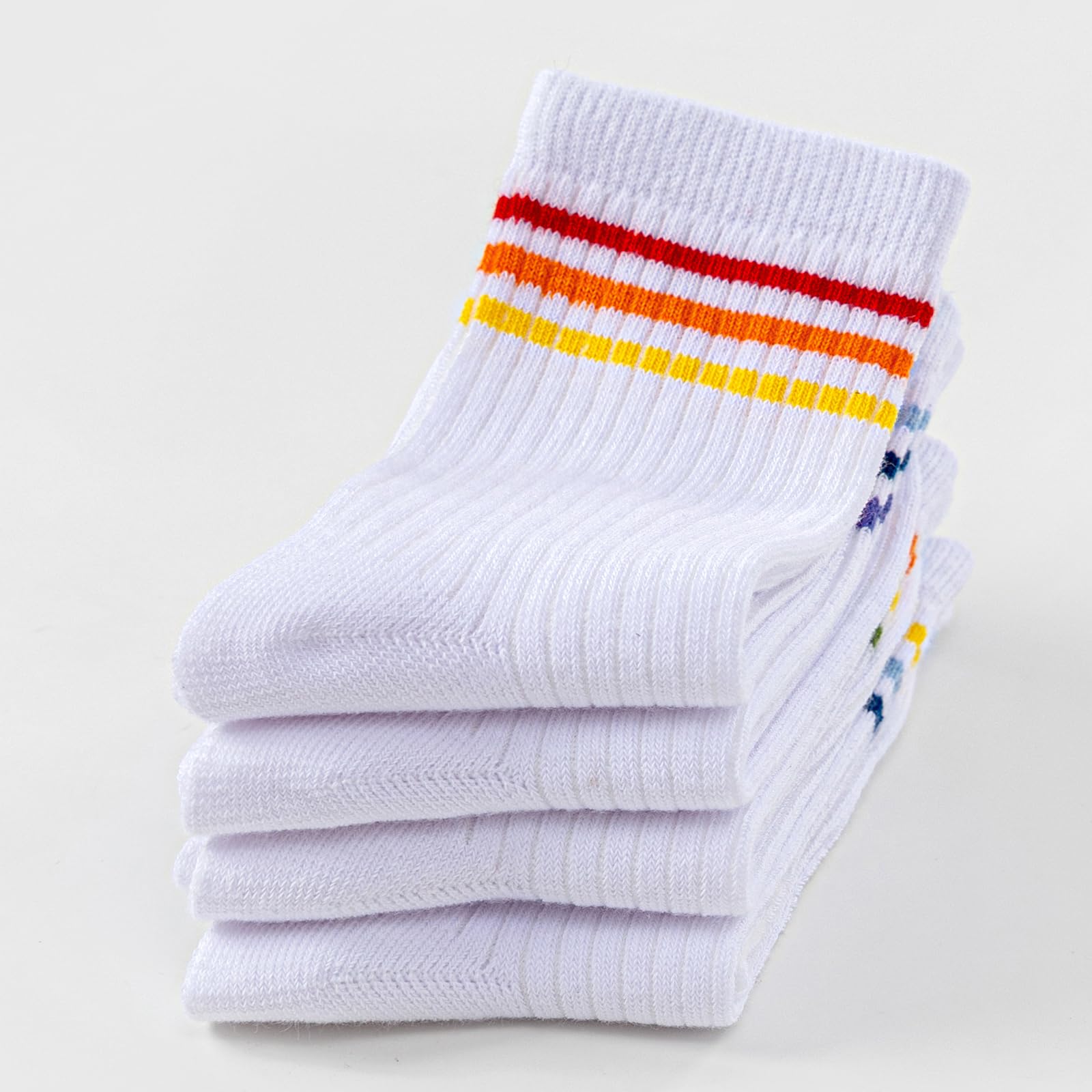 UMELOK Kids Athletic Socks Cotton White Crew Socks for Boys and Girls with Multi-color Stripes 6-8 Years,M