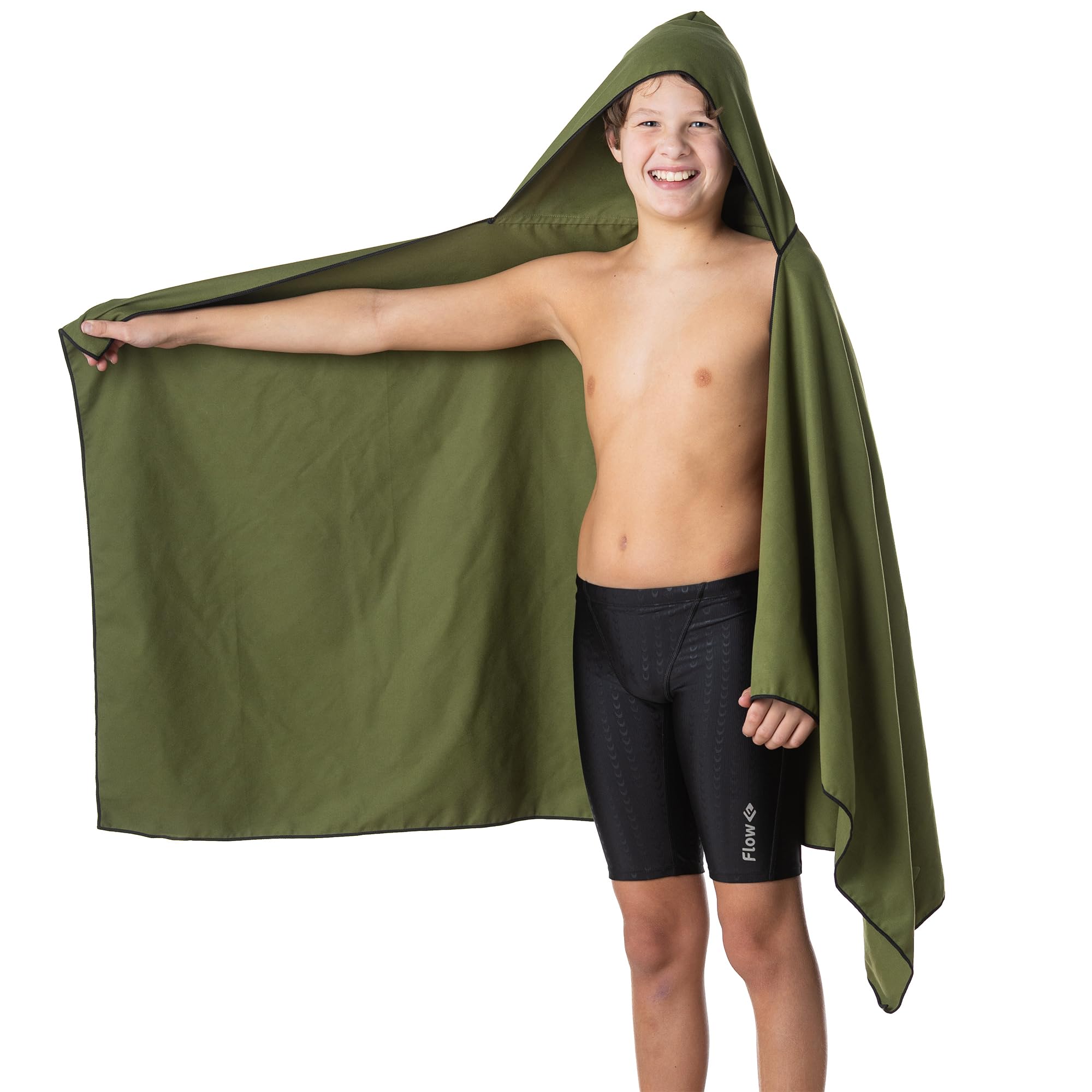Flow Hydro - Toalla deportiva de microfibra de secado rápido para natación, piscina, triatlón y otros deportes acuáticos en tamaños mediano, grande, extragrande y con capucha (verde militar, grande