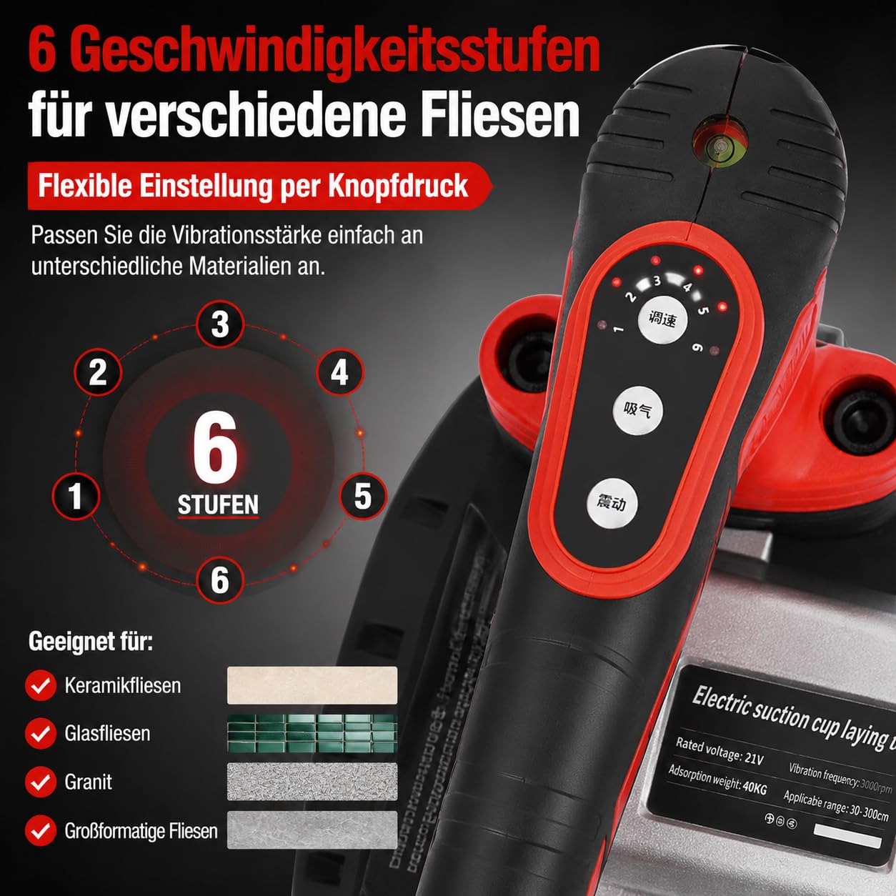 2xLithium Fliesen vibrator 6 Geschwindigkeiten 21V 3000-13000rpm | Batterien Fliesenrüttler mit Gummi-Saugnapf, für präzises Fliesenverlegen in Bad, Küche und Renovierung