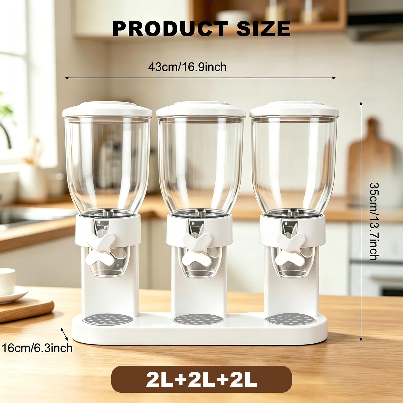 Cereal Dispenser Countertop, 2L Lebensmittelspender, Müslispender Luftdichte Behälter für Müsli, Reis, Körner, Süßigkeiten, Kaffebohnen, 29x35x16cm Cornflakes Spender&süßstoffspender (Weiß Triple)