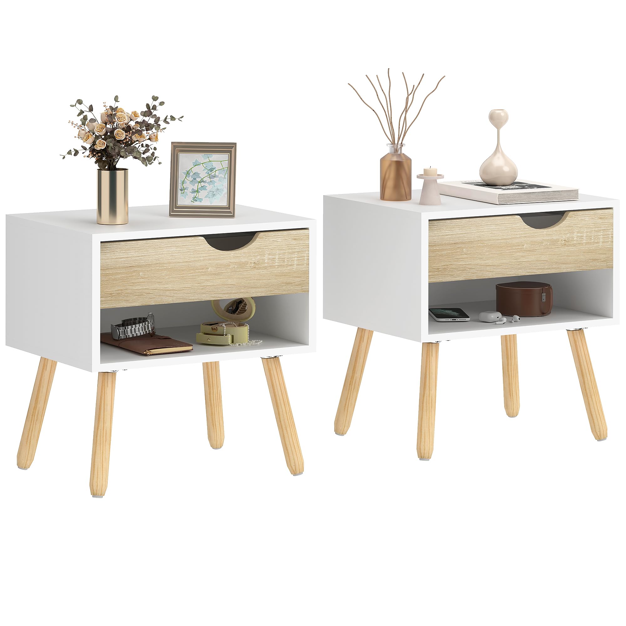 HOMCOM Set de 2 Mesitas de Noche con Cajón 50x39x51 cm Blanco y Roble | Mesa Auxiliar, Mesillas de Noche, Estante de Almacenamiento, Dormitorio Salón Cama Oficina, Estilo Moderno