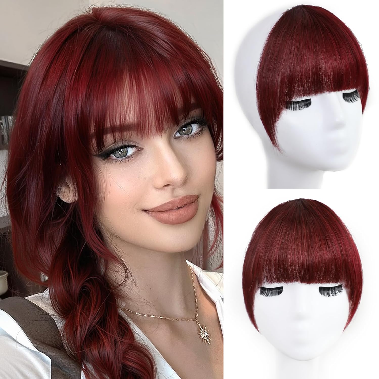 Burgundy Clip in Bangs 100% Real Human Hair Extensions Faux Fringe Curtain Air Clips on Wispy Bang with Temples Fake Natural Fluffy Light-weight Hairpieces for Women Girls Party Daily Use