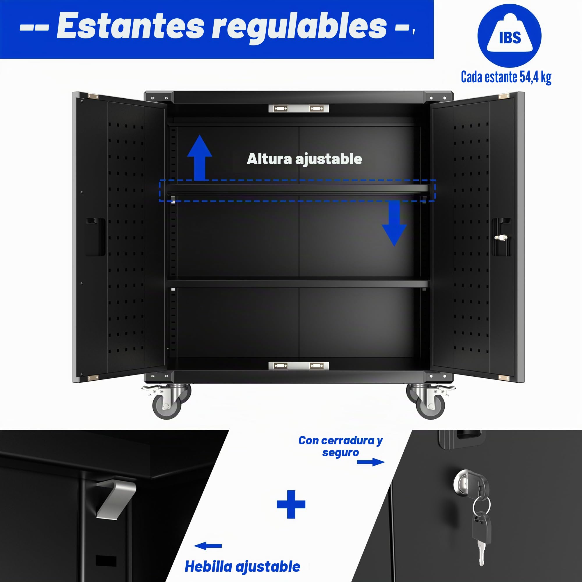 SUPEER Armario de herramientas con ruedas, tablero de clavijas y 4 ganchos, armario de metal con 2 puertas y estantes ajustables, armario de acero, con cerradura para garaje, casa y oficina