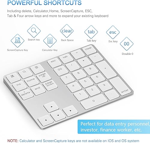 Miniatura 5 de Lekvey Teclado numérico inalámbrico recargable de aluminio, teclado numérico delgado de 34 teclas, teclado externo Numpad entrada de datos para