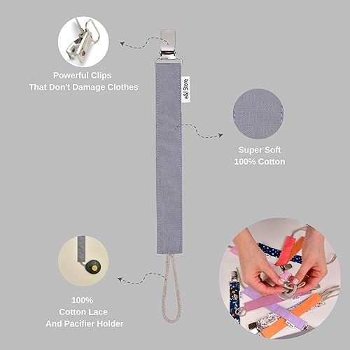 Miniatura 4 de Clip para chupete de bebé, 100% algodón, hecho a mano, correa para chupete ligera y resistente a desgarros (paquete triple, beige, blanco, gris)