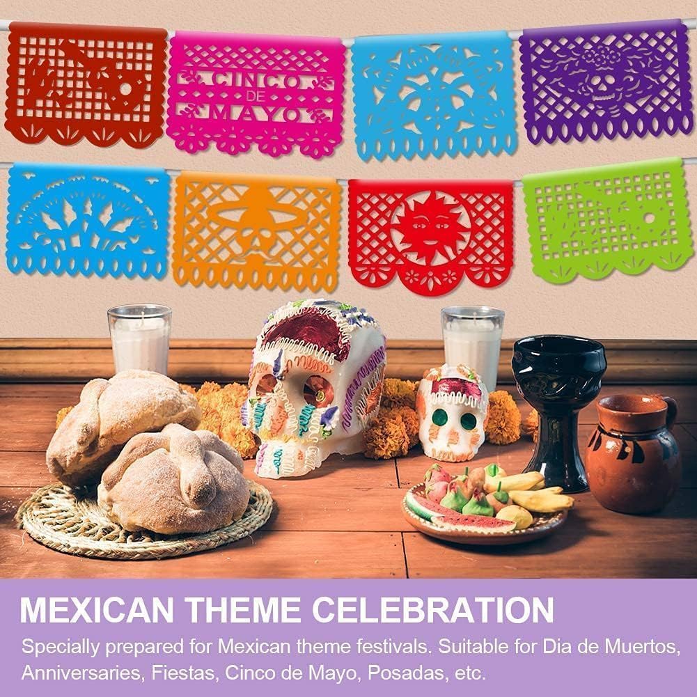 Meksykańskie banery imprezowe - 5-pak Fiesta meksykańskie dekoracje na przyjęcie Dia De Los Muertos dekoracje Mexicano Fiesta artykuły na przyjęcie plastikowe papierowe banery Picado - 5 różnych wzorów, łącznie 25 m długości