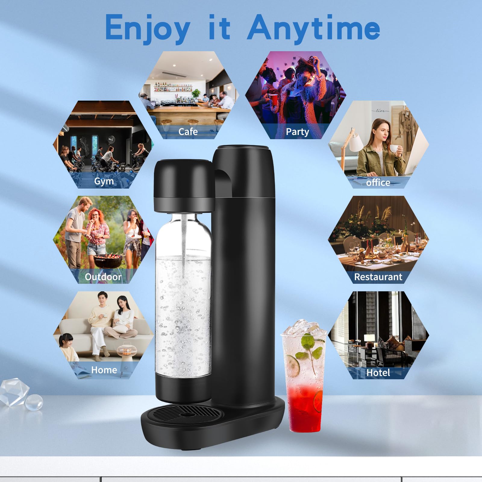 Gasatore Acqua Frizzante con Bottiglia PET Portatile da 1 L Senza BPA, Scarico Gas Automatico, Macchina per Acqua Soda Nera, Compatible con Bombole da 60 L (senza Cylindri)