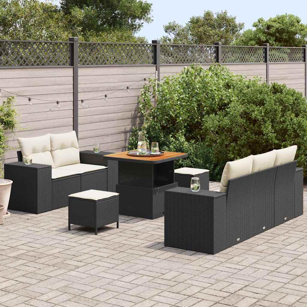 8-częściowy zestaw skarpet ogrodowych, czarny kremowy polirattanowy, modułowy odporny na promieniowanie UV, 221 x 204 cm, na taras, balkon, do ogrodu, na meble ogrodowe