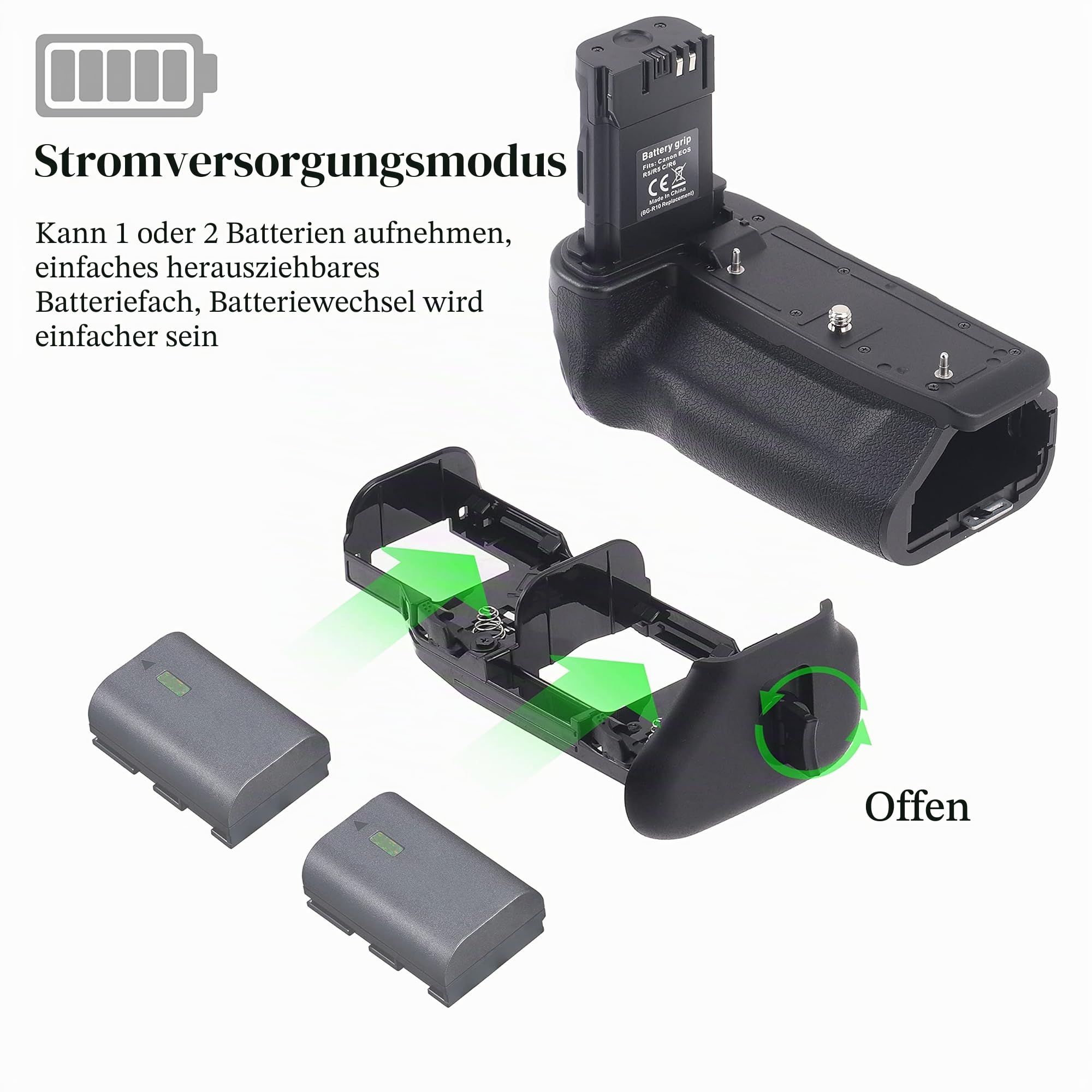 Hersmay Vertikaler R6/ R6II Batteriegriff für Canon EOS R5 R5C R6 R6 Mark II DSLR Kamera, Ersatz für Canon BG-R10 Batteriehalter für bis zu Zwei LP-E6 LP-E6NH LP-E6N Akkus