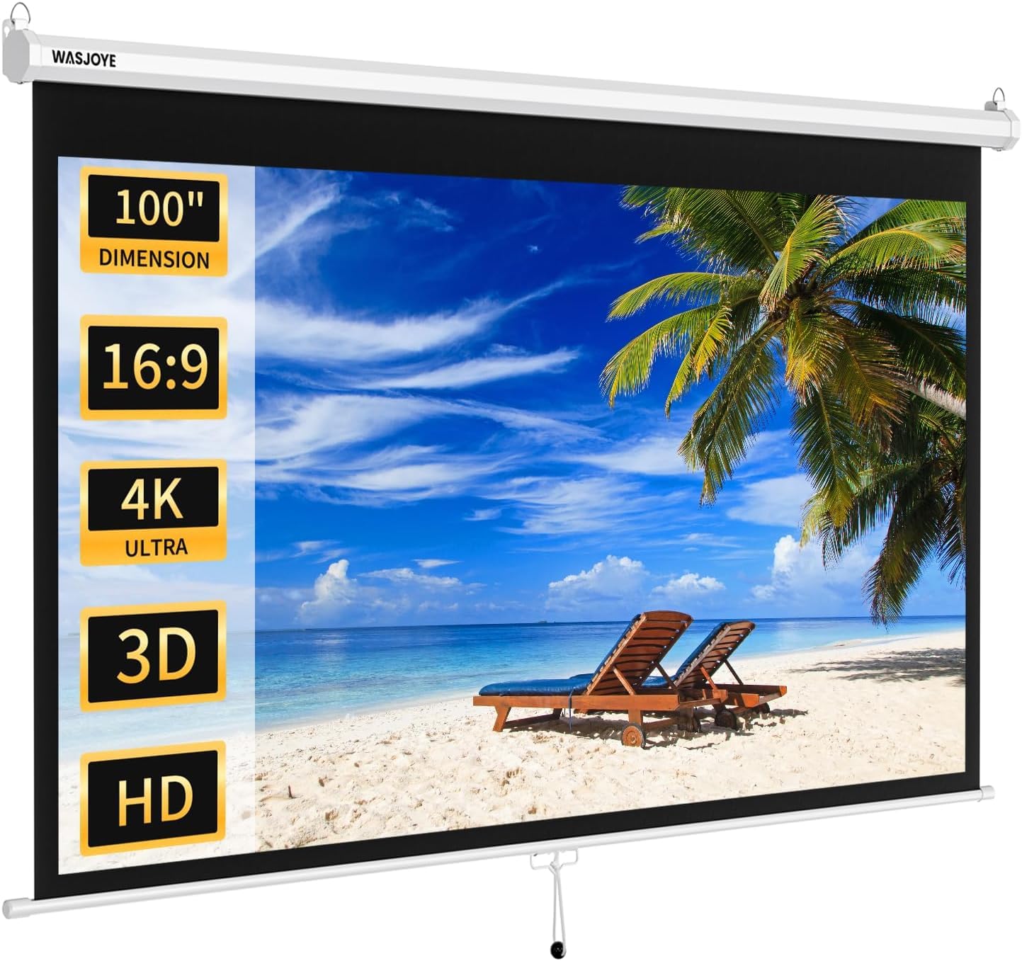 WASJOYE Écran de Projection Manuel - Universal 100" Toile Videoprojecteur Enroulable Rétractable, Projector Screen avec Verrouillage Automatique, Hauteur d'Ecran réglable, Lunette Noire Masquée