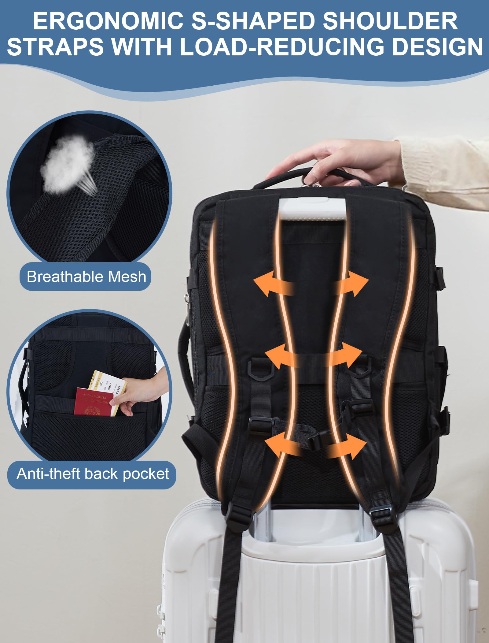 Bagaż Podręczny 40x30x20 Plecak, 24-30L Rozkładany 40x30x25 Plecak Podróżny Męski i Damski do Ryanair, Eurowings, Wizzair, Vueling,Cabin Bag Travel Backpack do Pracy, Biznesu i Podróży, Czarny