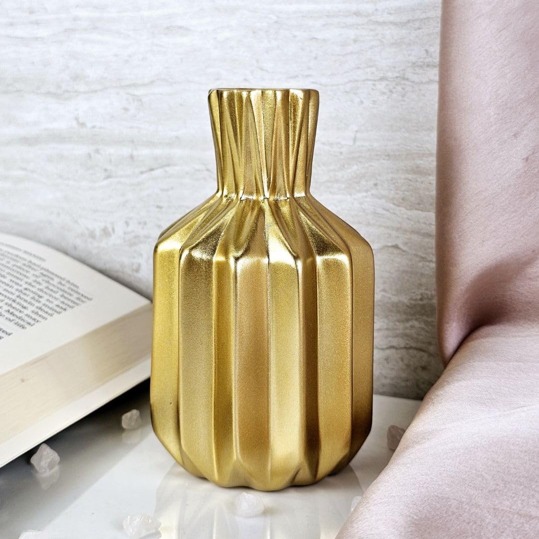 SATYAM KRAFT 1 Pcs Resin Vase for Home Decor, Living Room, Bedroom, Office, Table Centerpiece | Unbreakable Lightweight Ceramic Look Flower Pot for Decorations (Only Vase,No Flower) (12.5 cm, Golden)-image-49