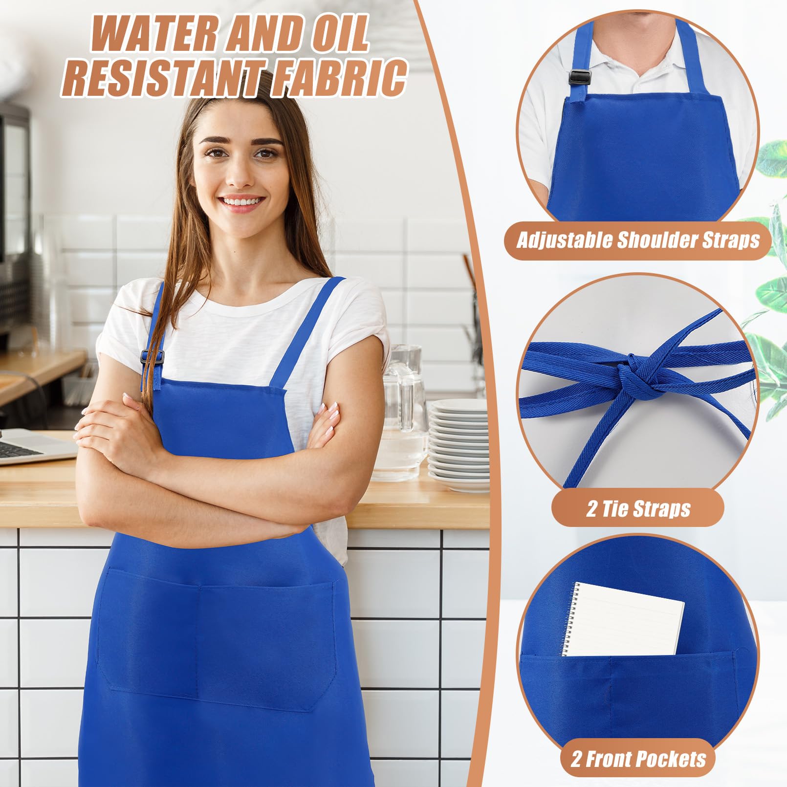 24 grembiuli regolabili vuoti, unisex, blu tinta unita, con 2 tasche, per adulti, cucina, barbecue, grigliate, forno, lavabili in lavatrice, blu, 60,5 x 71 cm