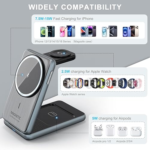 Miniatura 4 de Estación de carga inalámbrica para iPhone Xpencifan Travel 3 en 1 Cargador Soporte Múltiples Dispositivos para Apple Watch Ultra SE 9 8 7 6 5 4 3 2