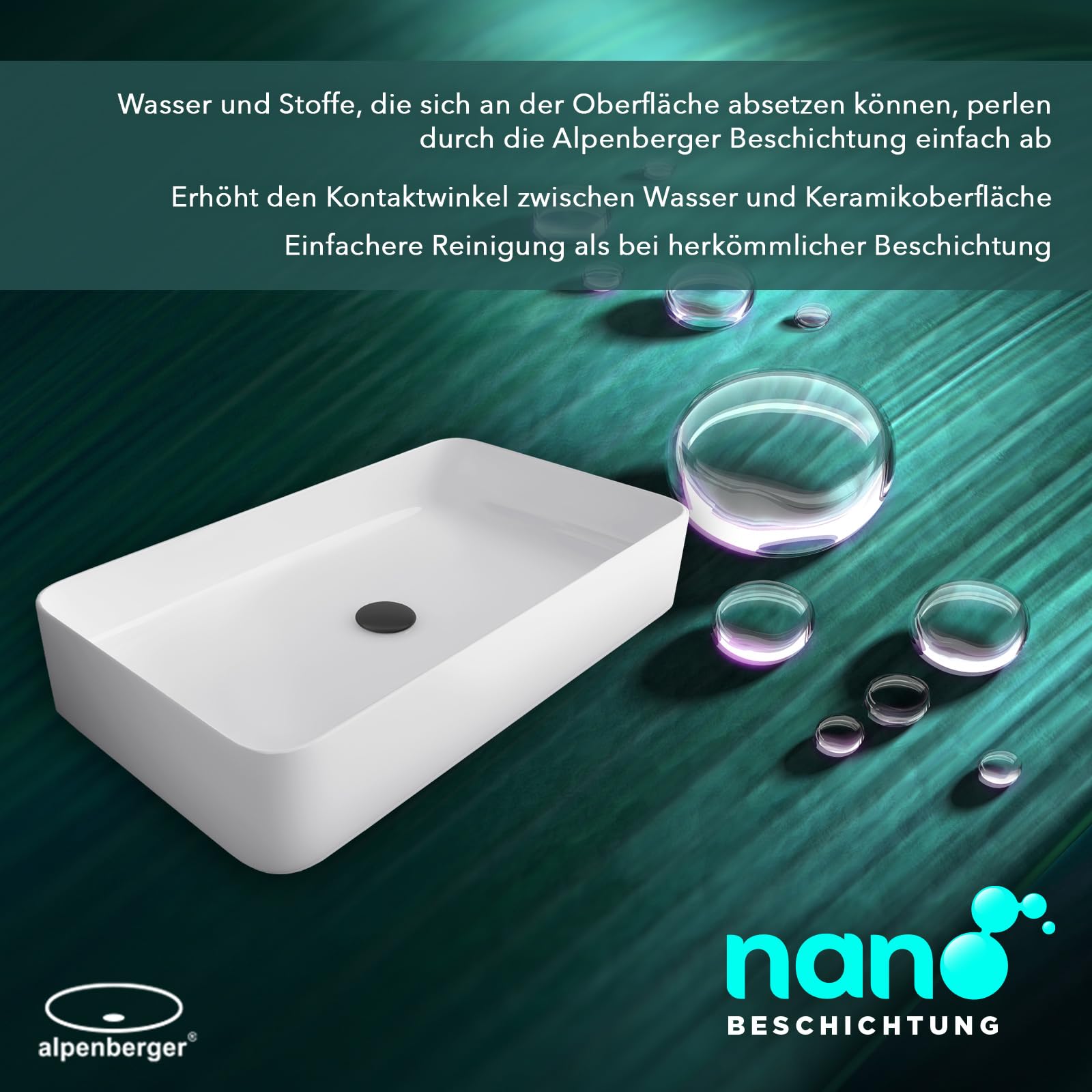 Alpenberger Aufsatzwaschbecken 60 cm Breit mit Nano Beschichtet | Sauberes Keramik Waschbecken Eckig | Waschtisch ohne Hahnloch für Bad & Gäste-WC | Design Aufsatz-Waschschale Modern ohne Überlauf