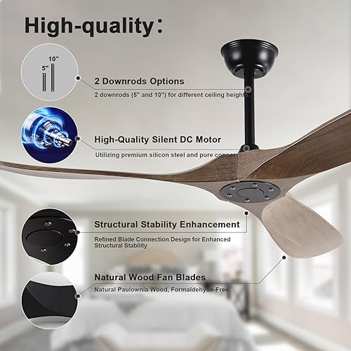 Miniatura 3 de FISHMIX Ventiladores de techo pequeños de 42 pulgadas sin luces, ventilador de techo de madera maciza sin luz con control remoto, inteligente y