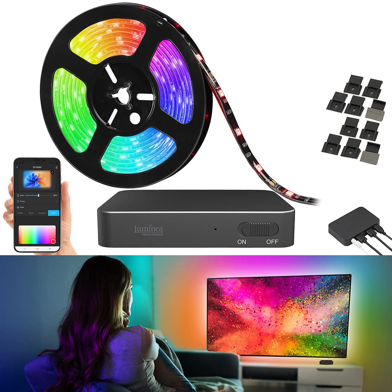 Luminea Home Control TV-Sync-Box HDMI con striscia LED RGBIC 3,8 m per TV 55-65", WiFi, 4K