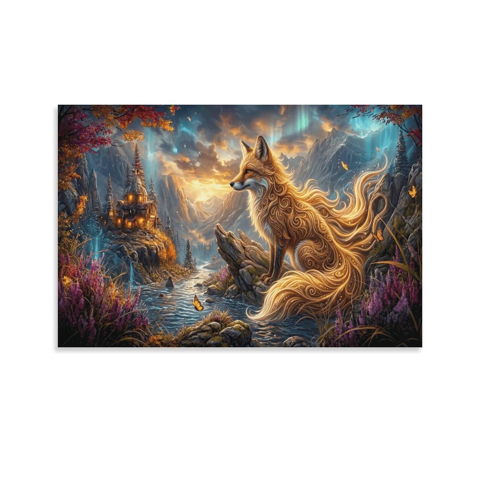 XPASHIQWC Nine‑Tailed Fox Wall Decor Poster Aurora Valley Canvas Prints Picture Modern Canvas Wall Art Picture Wall Hanging for Bathroom Wall Decor 24x36inch(60x90cm)