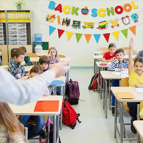 Miniatura 6 de Pancarta colorida con purpurina para el regreso a la escuela y patrón para el primer día de escuela, guirnalda de aula con tablero de dibujo de