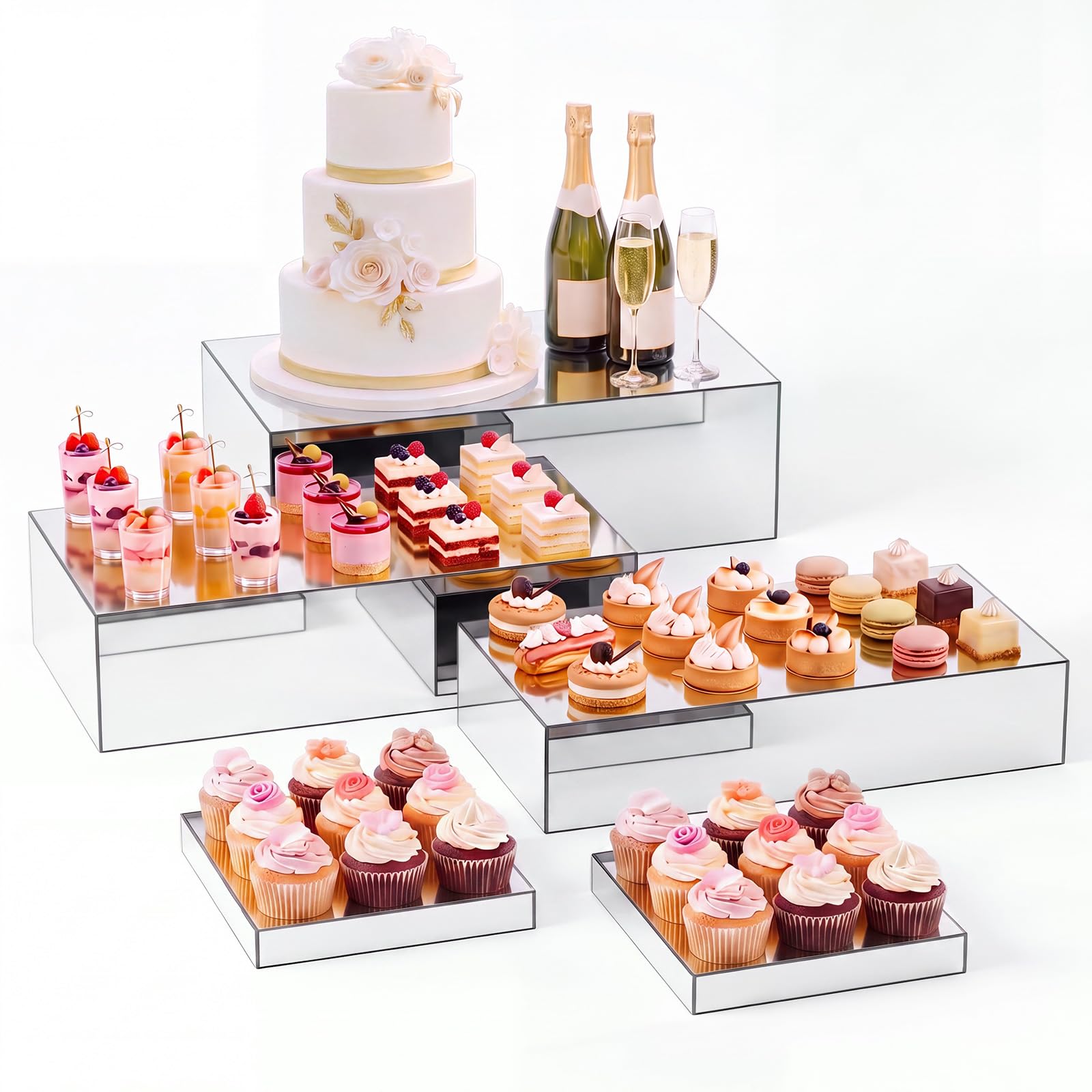 Leinuosen 5 Pcs Large Buffet Risers Set Rectangle Acrylic Display Box Catering Dessert Table Riser Food Display Decorative Stand with Hollow Bottom for Catering(Silver)