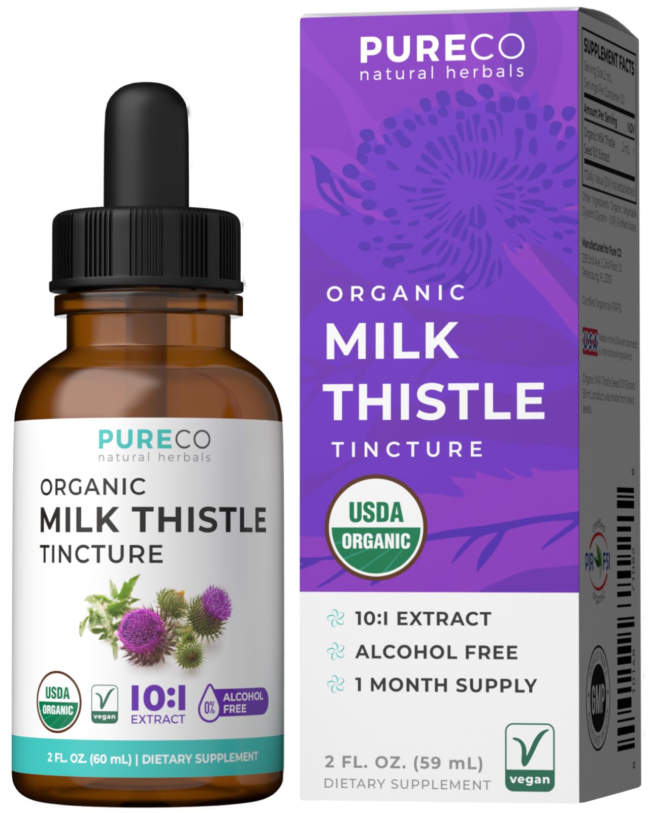 PURE CO USDA Organic Milk Thistle Capsules - 80% Silymarin Supplement for Liver Support- Super Concentrated 300mg of 30:1 Milk Thistle Extract Equivalent to 9,000mg -