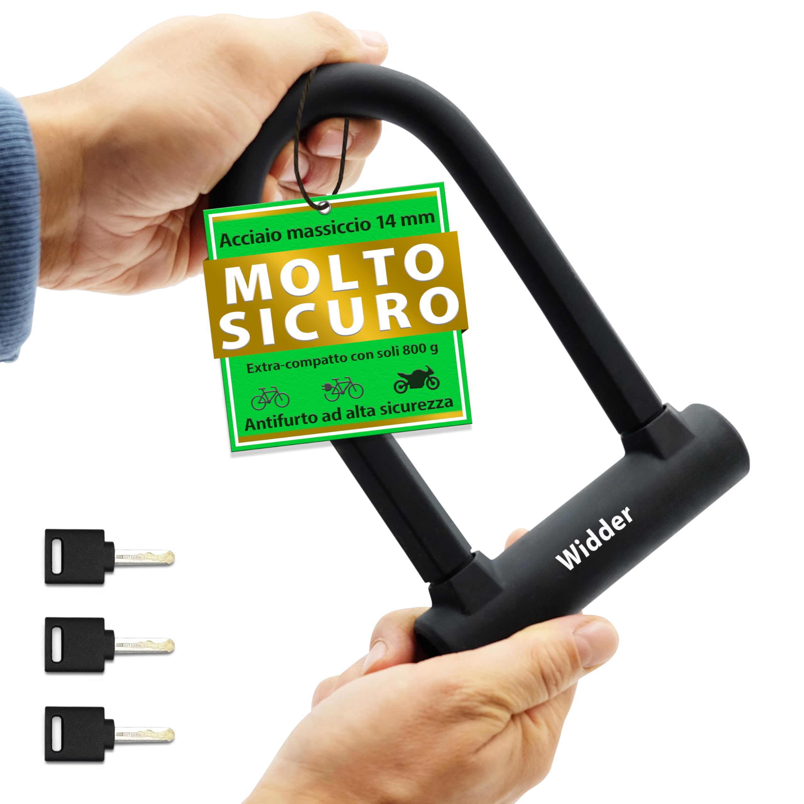 WIDDER piccolo antifurto ad arco [alta sicurezza, 800g] arco in acciaio massiccio da 14 mm – antifurto a U alta sicurezza – supporto & 3 chiavi, lucchetto ad archi e‑bike, e‑scooter, bici da corsa