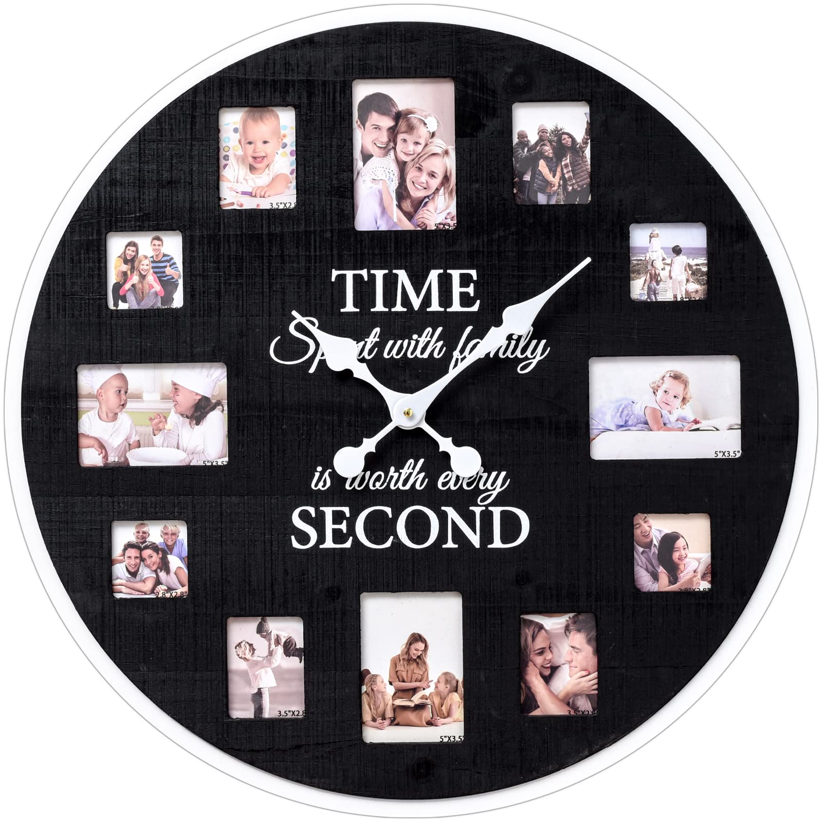 MODE HOME Large Wall Clock, Vintage Rustic Wall Clocks Battery Operated with 12 Photo Collage, Farmhouse Wall Clock for Home, Kitchen, Living Room, Bathroom, Bedroom, 25 Inch Black